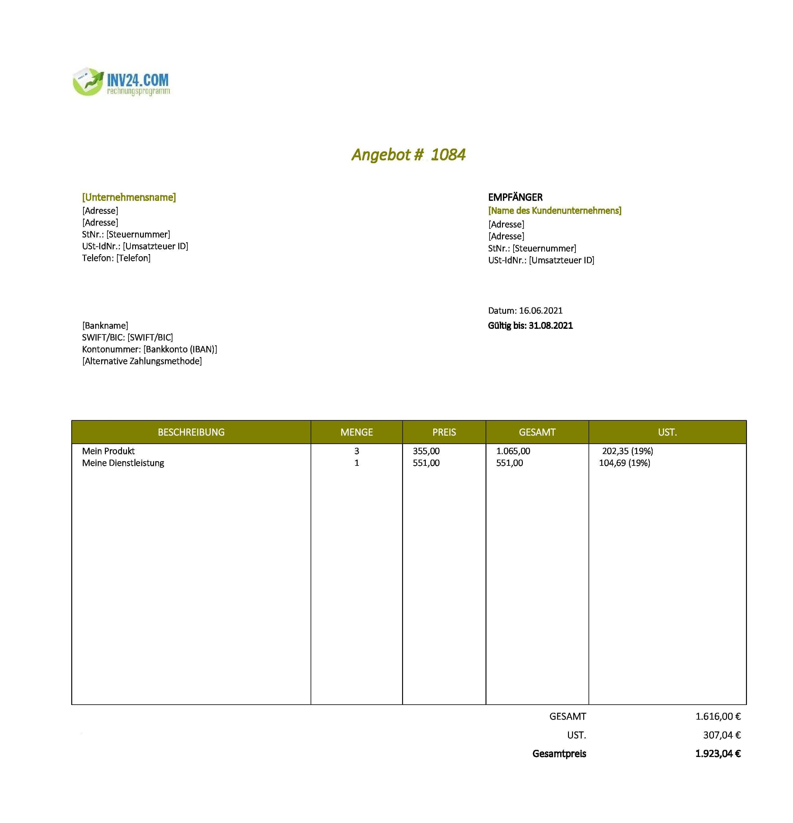 Angebot Template (Excel / Google Sheets)