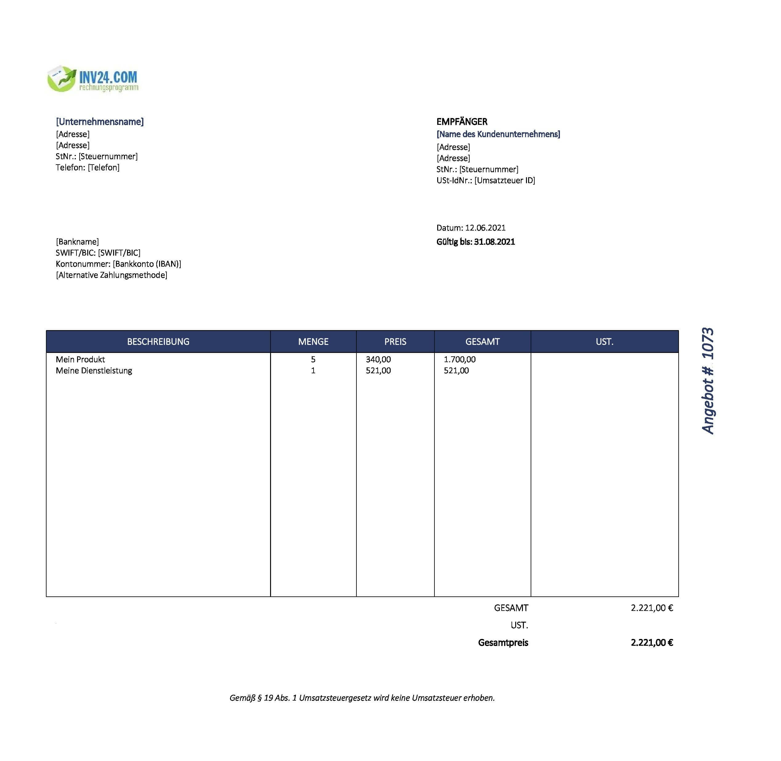 Angebotsvorlage Kleinunternehmer (Excel / Google Sheets)