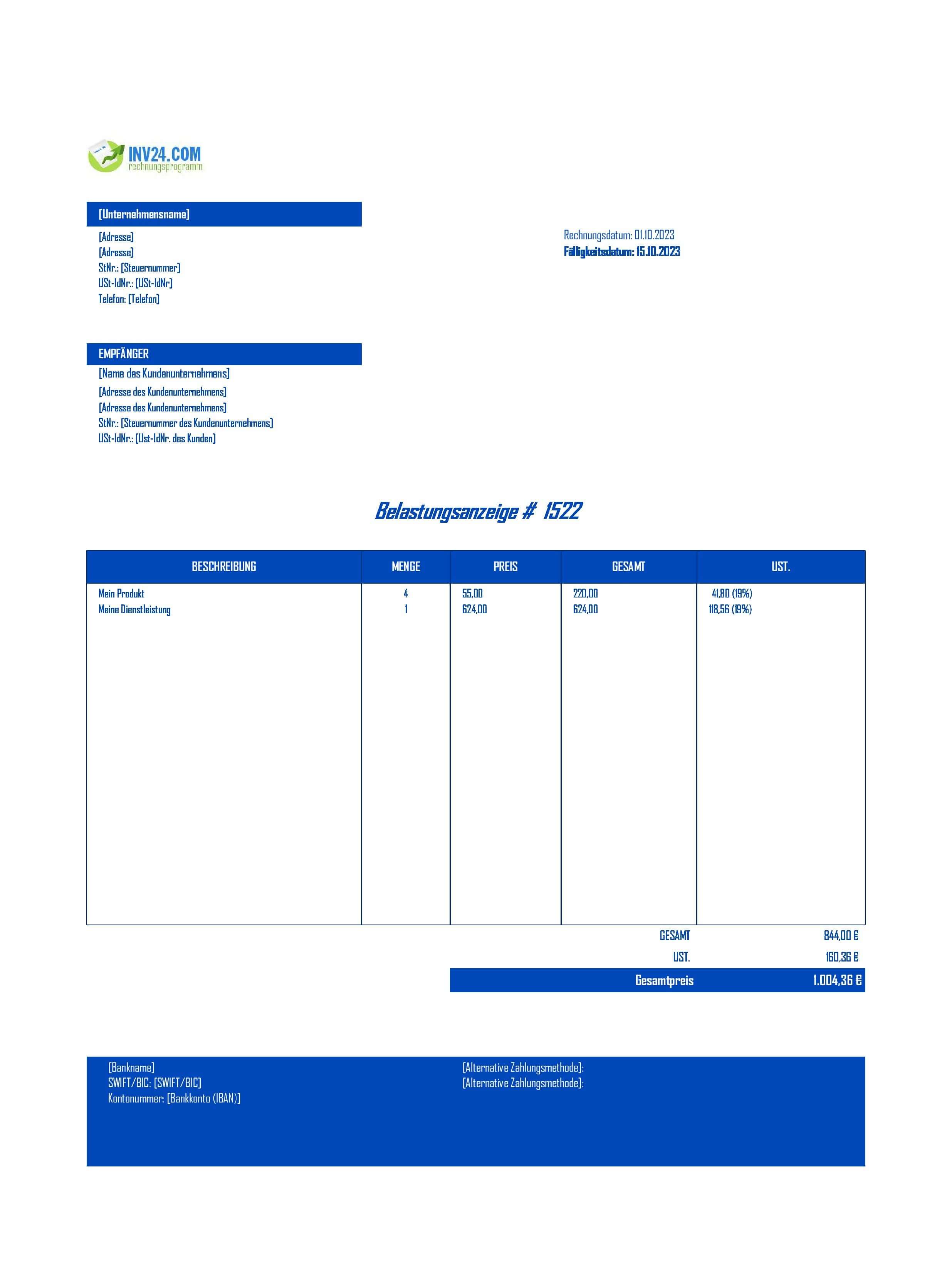 Belastungsanzeige Vorlage (Excel / Google Sheets)