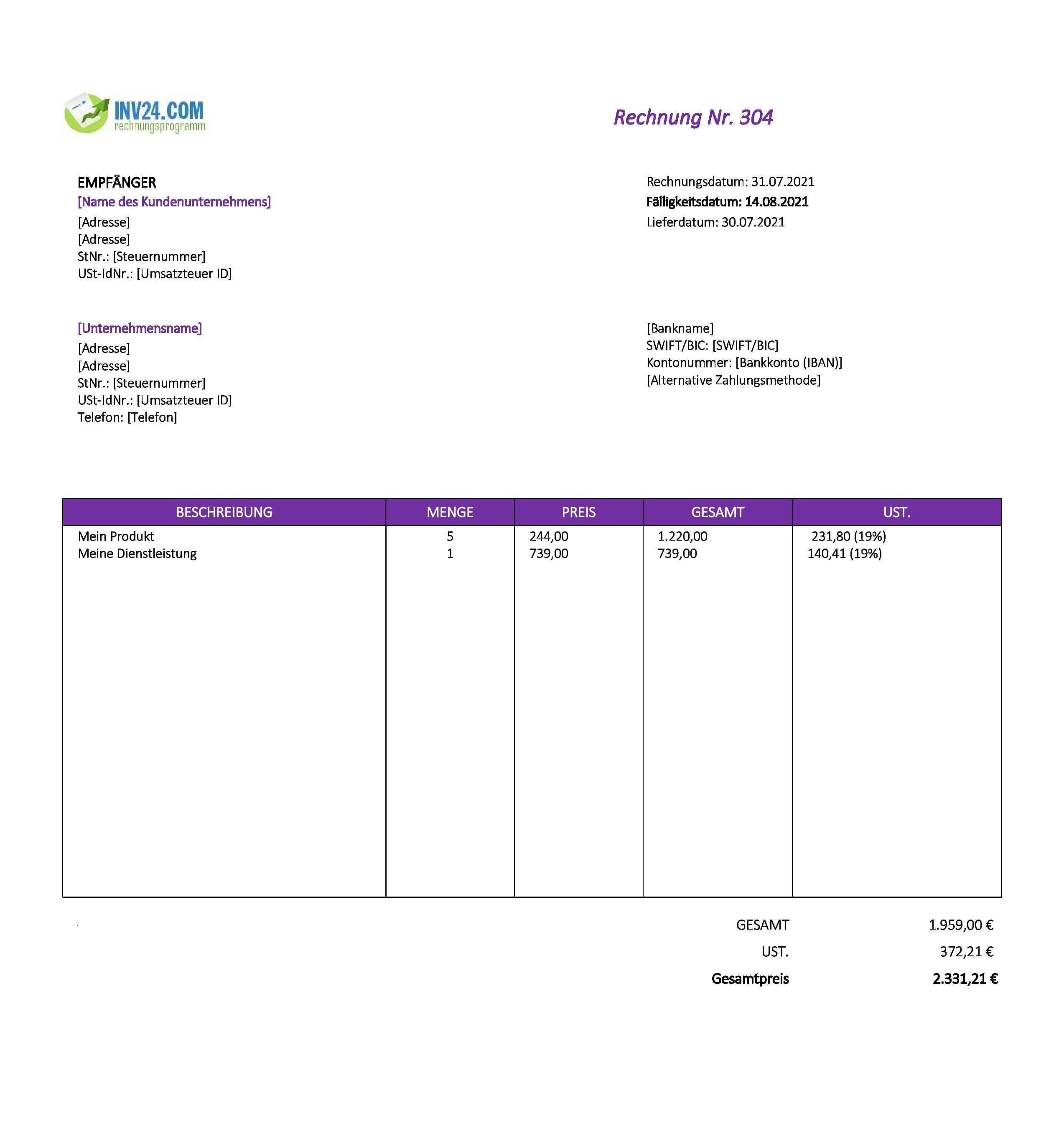 Einfache Rechnungsvorlage (Excel / Google Sheets)