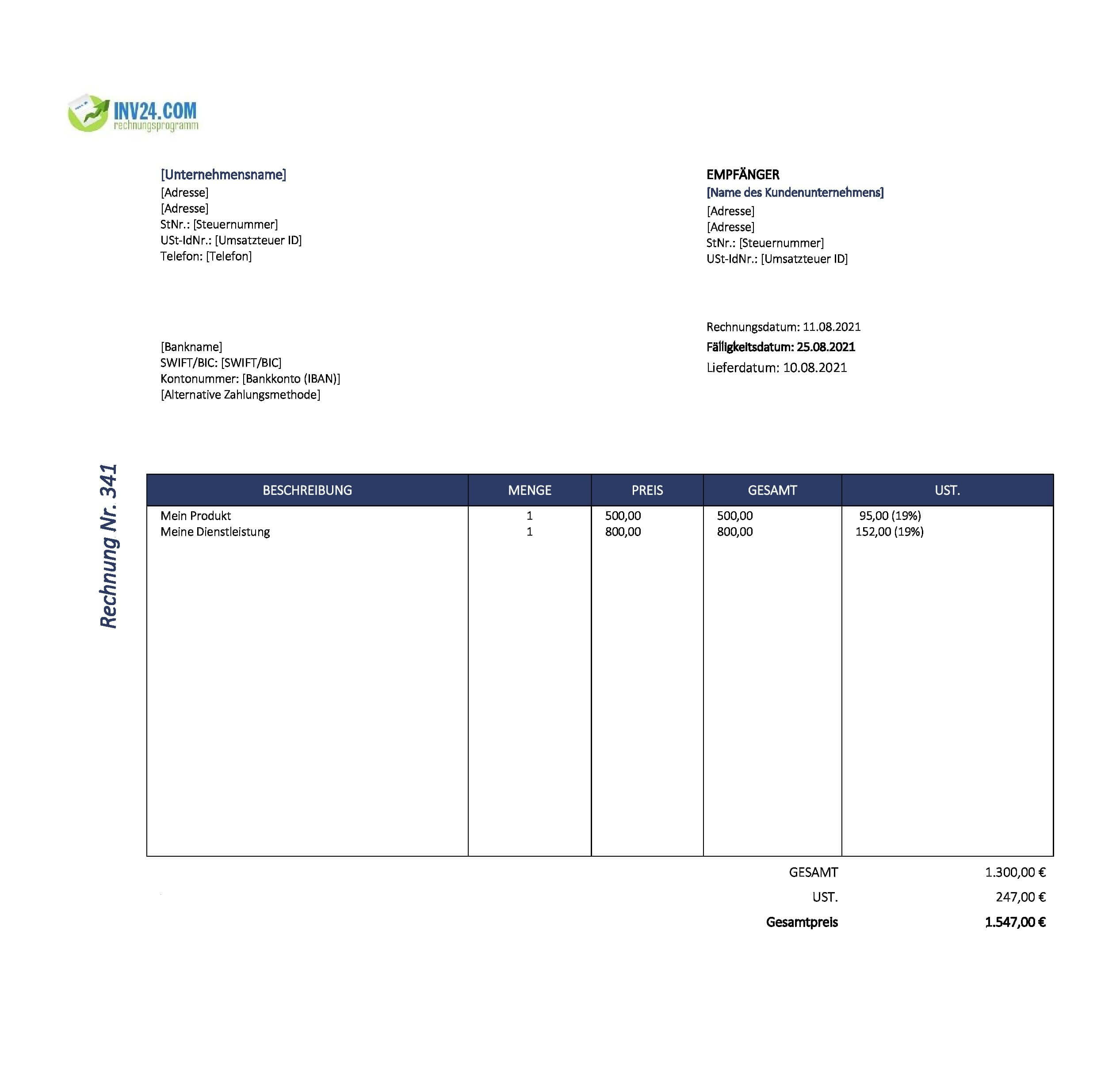 Gebäudereinigung Rechnung Muster (Excel / Google Sheets)