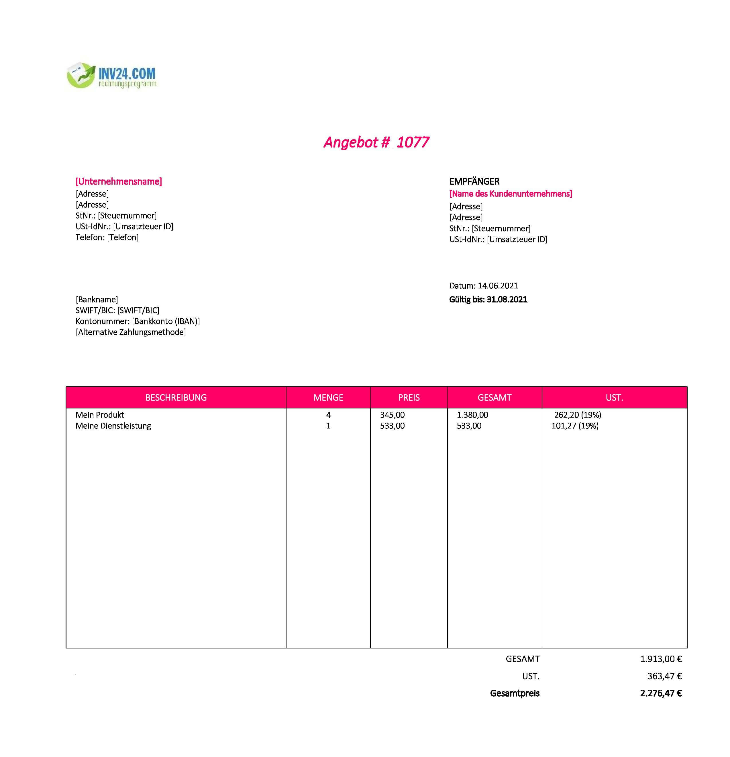 Handwerker Angebot Muster (Excel / Google Sheets)