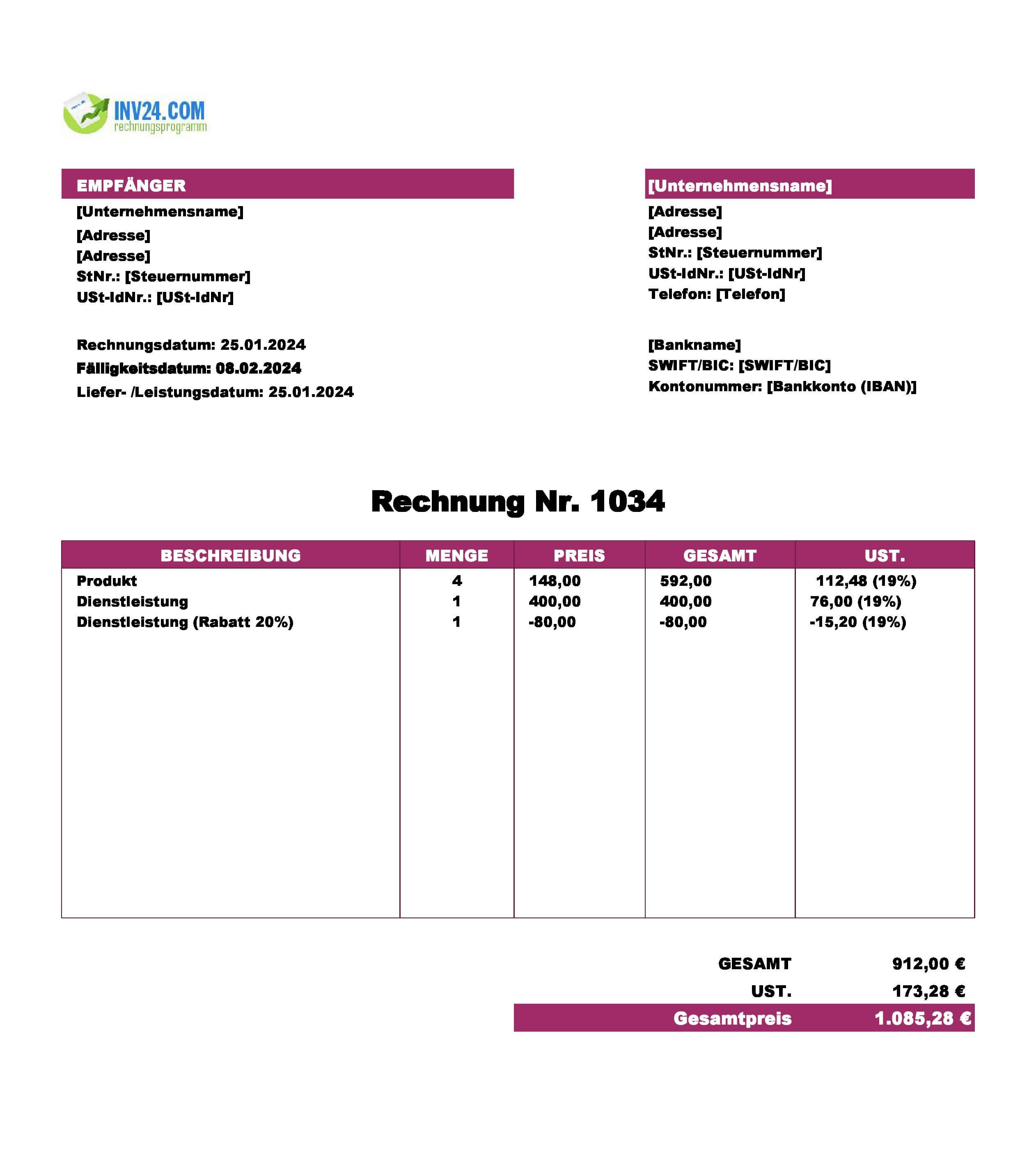 Kaufrechnung Vorlage (Excel / Google Sheets)