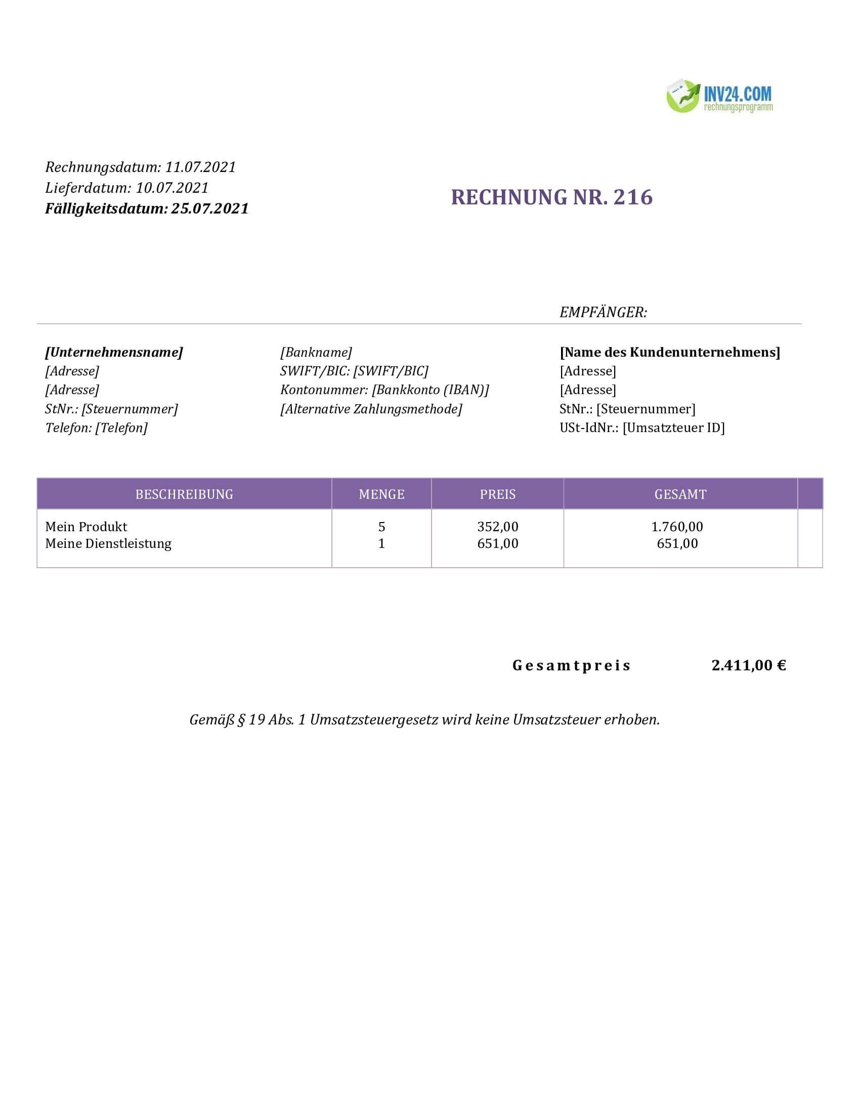 Kleingewerbe Rechnung Vorlage (Word / Google Docs)