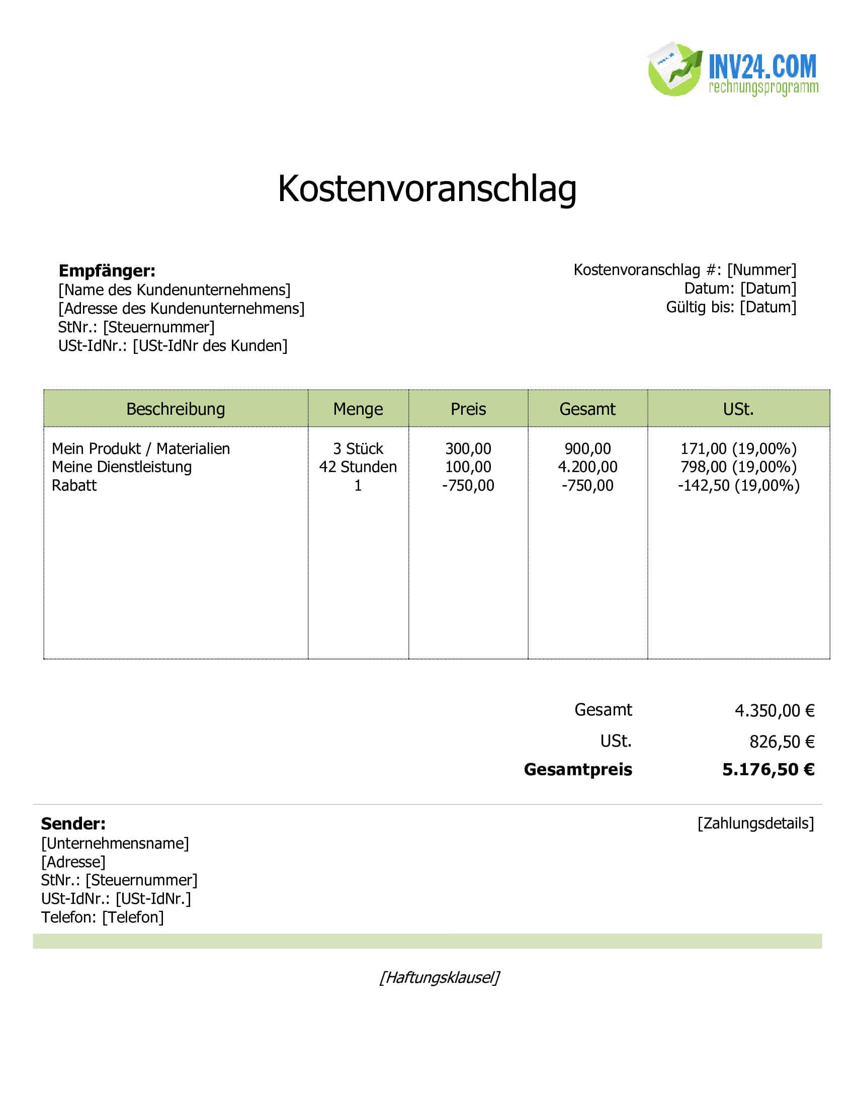 Kostenvoranschlag Beispiel (Word / Google Docs)