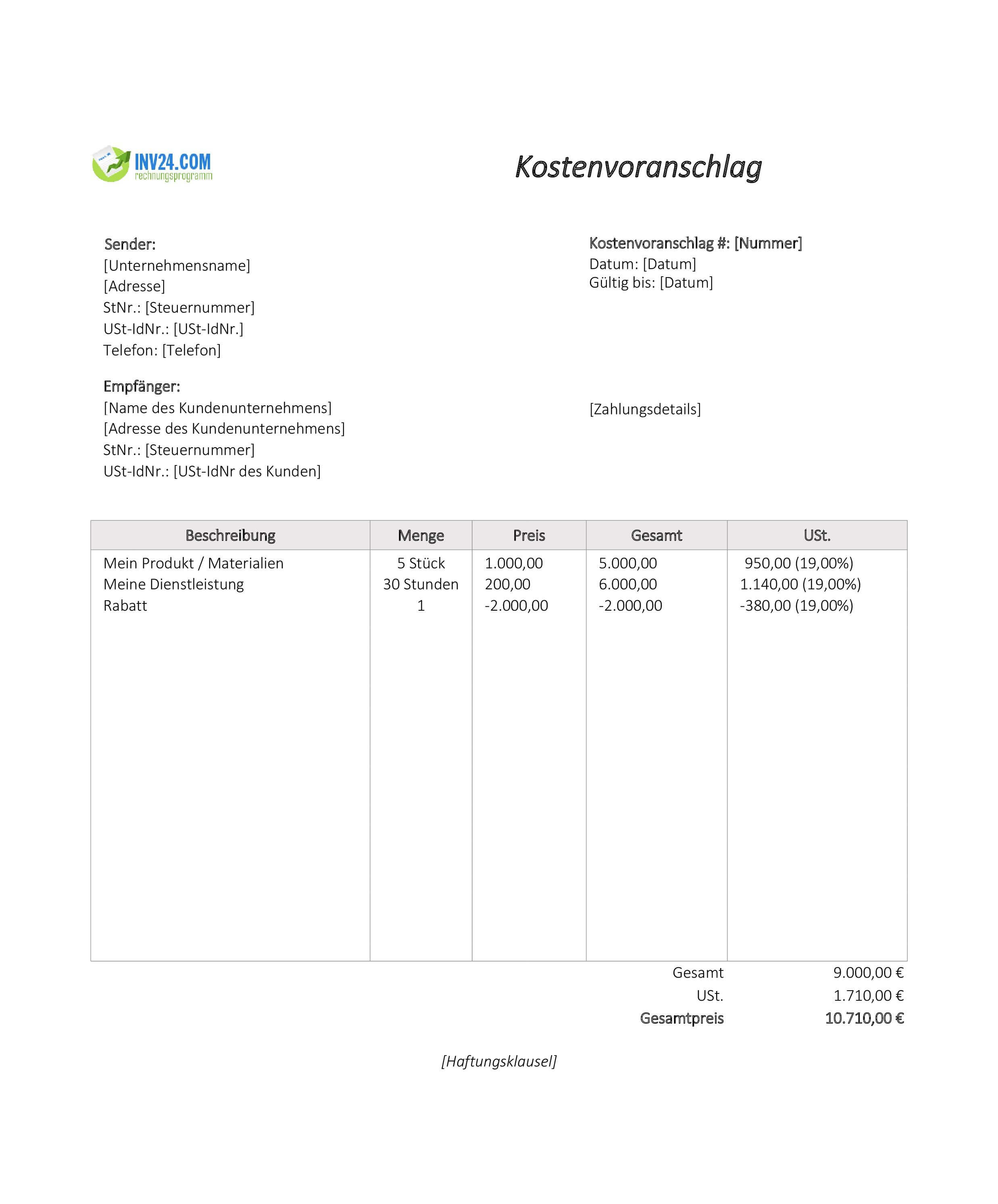 Kostenvoranschlag Muster Dienstleistung (Excel / Google Sheets)