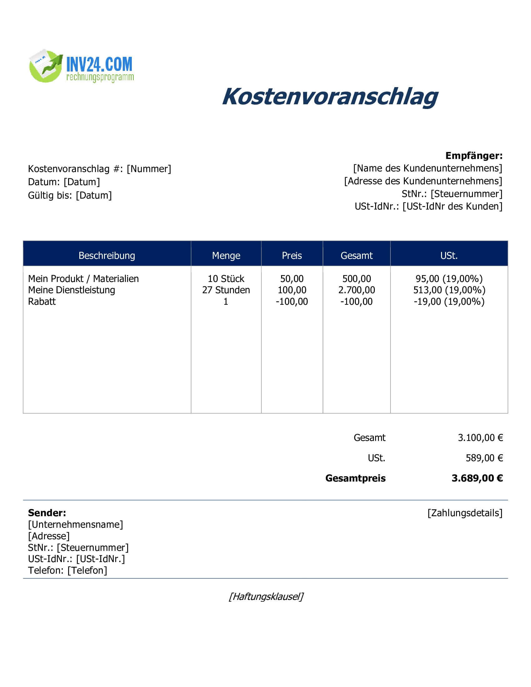 Kostenvoranschlag Muster (Word / Google Docs)