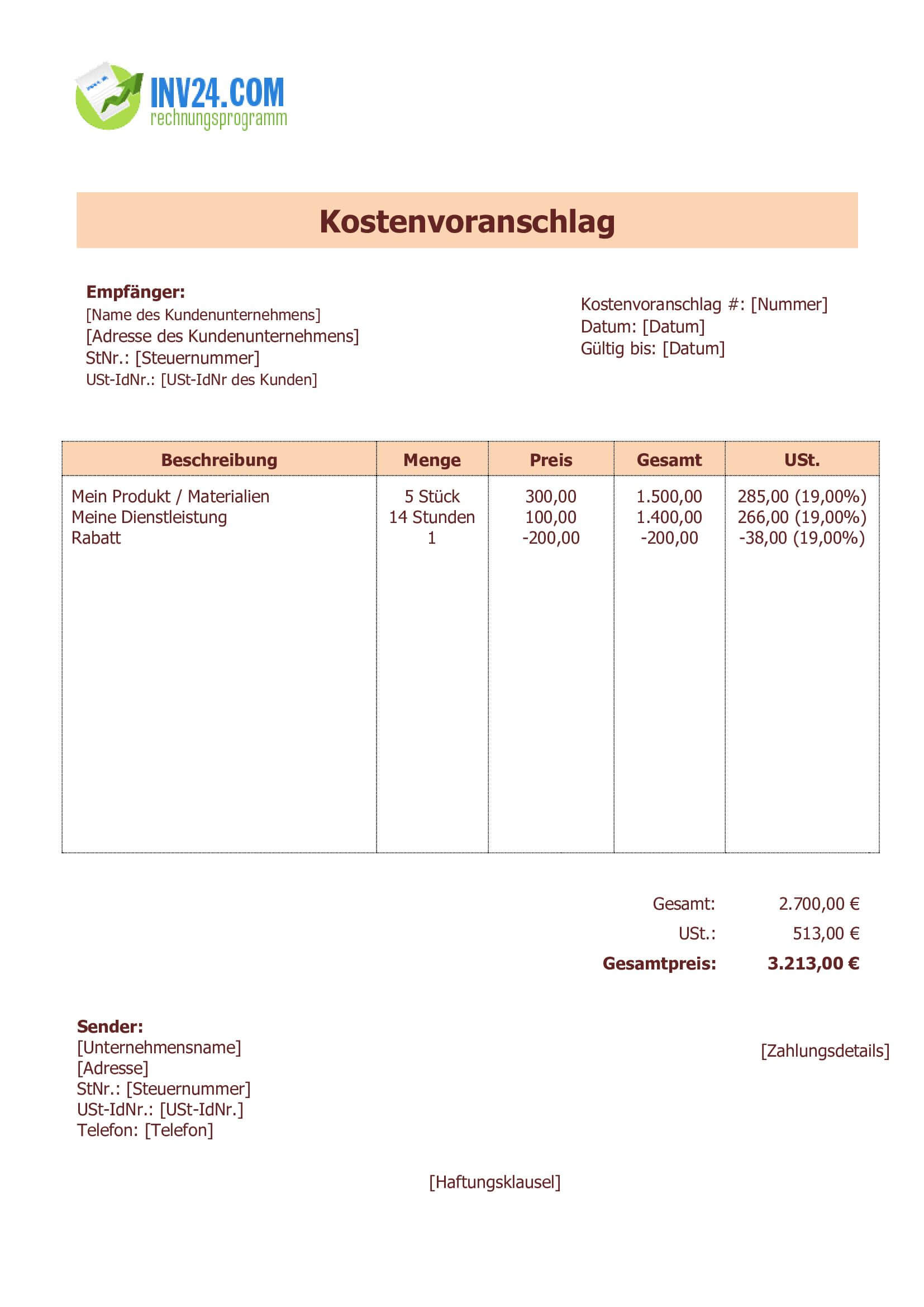 Kostenvoranschlag Muster zum Ausfüllen (Word / Google Docs)