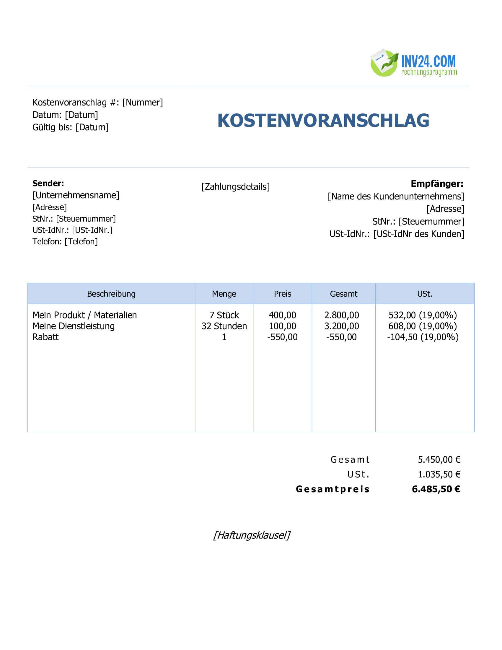 Kostenvoranschlag schreiben Muster (Word / Google Docs)