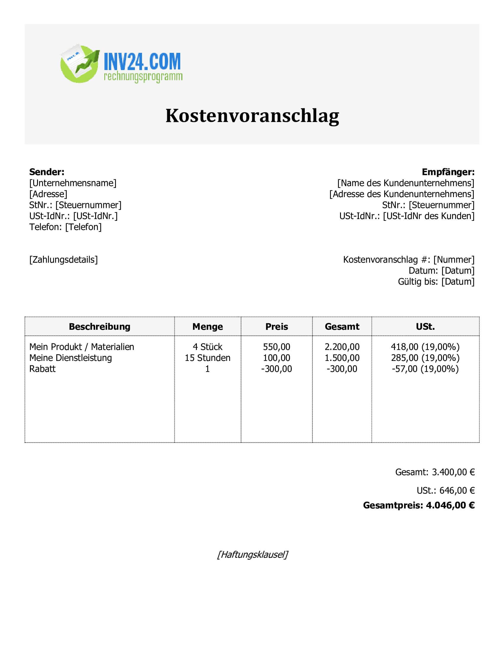 Kostenvoranschlag Vordruck (Word / Google Docs)