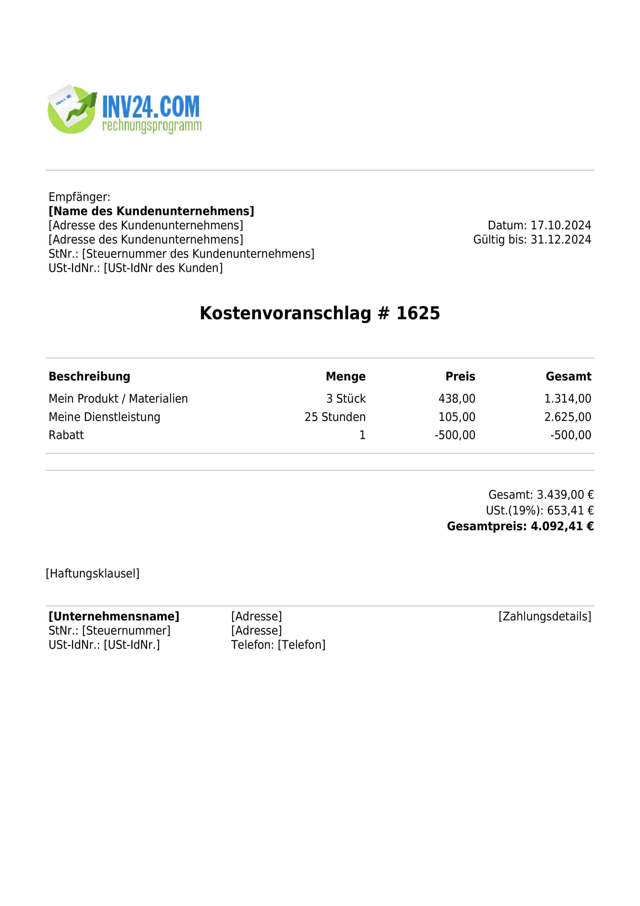 Kostenvoranschlag Vorlage (PDF)