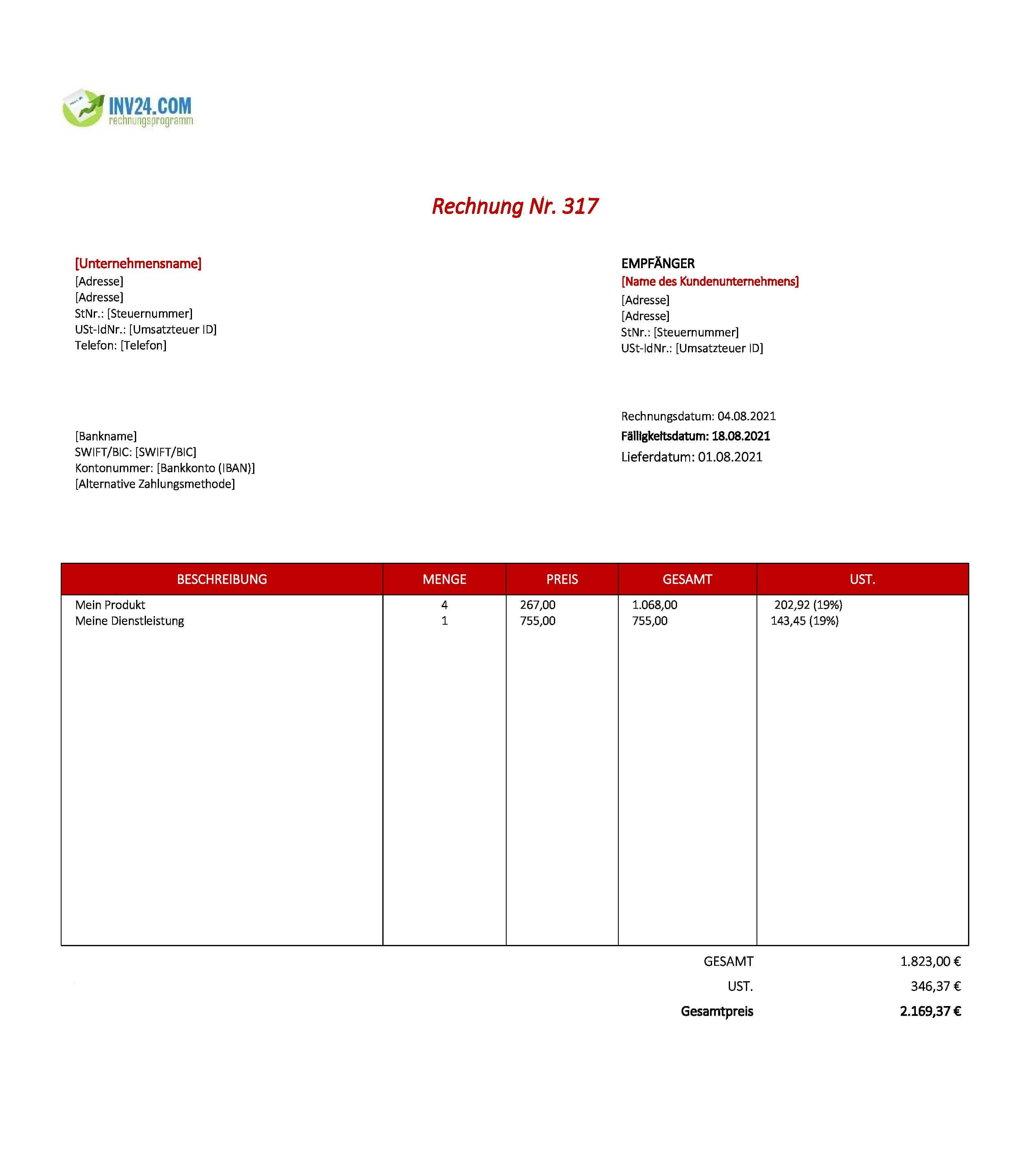 Libreoffice Rechnungsvorlage (Excel / Google Sheets)
