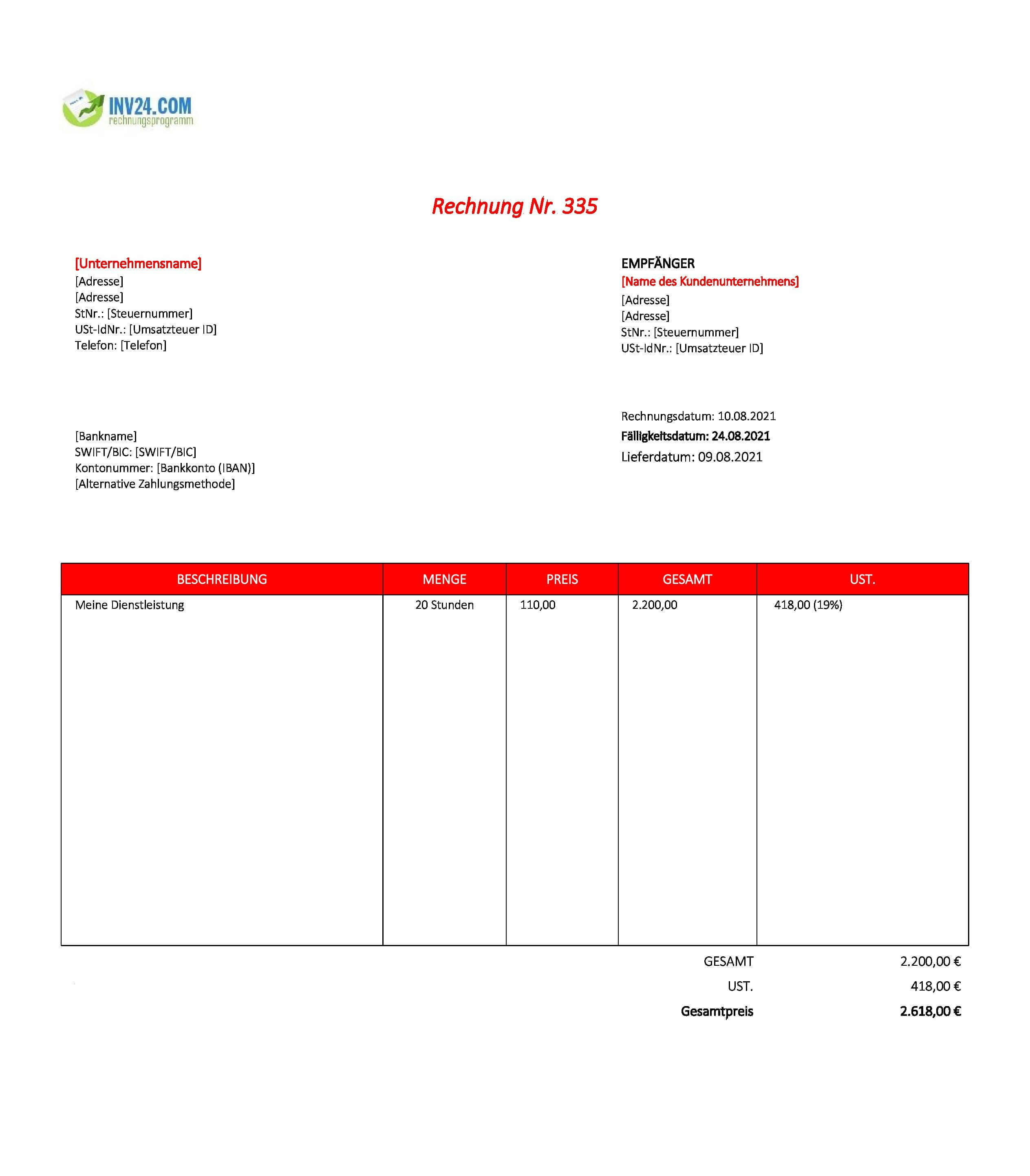 Maler Rechnung Vorlage (Excel / Google Sheets)