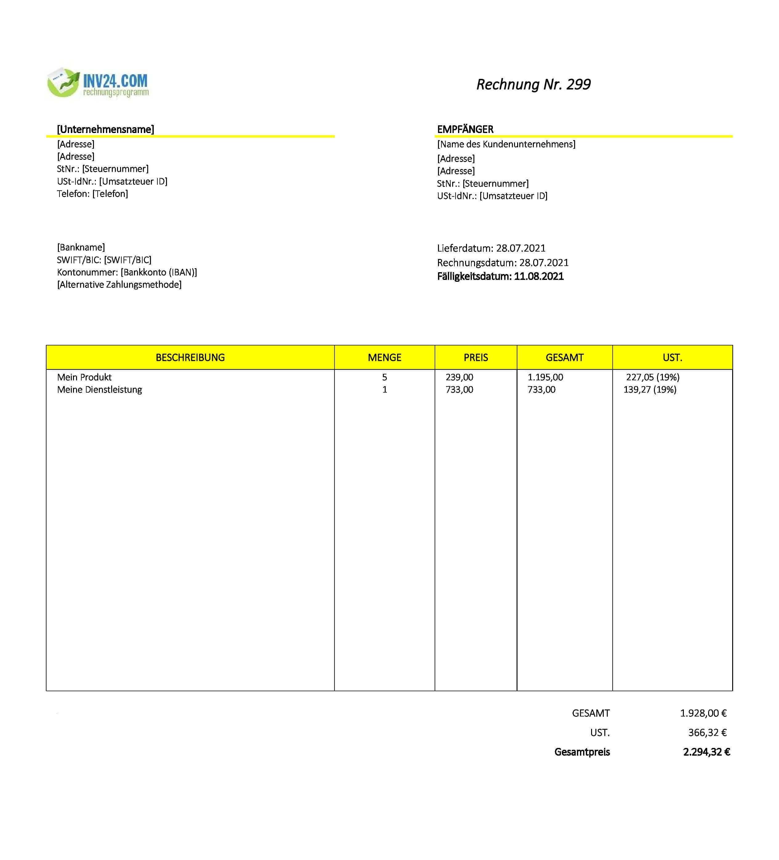 Moderne Rechnungsvorlage (Excel / Google Sheets)