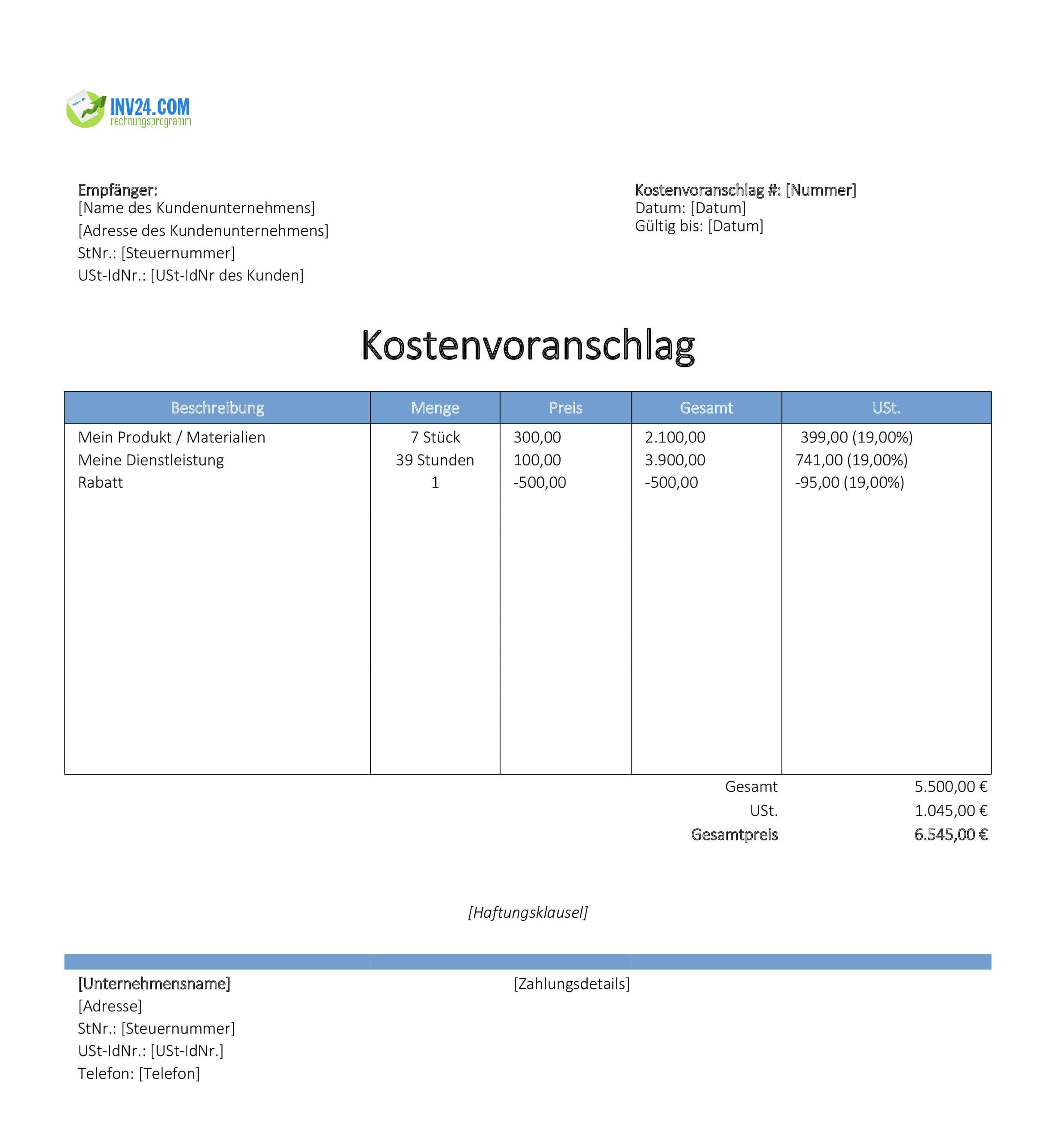 Online Kostenvoranschlag Vorlage (Excel / Google Sheets)