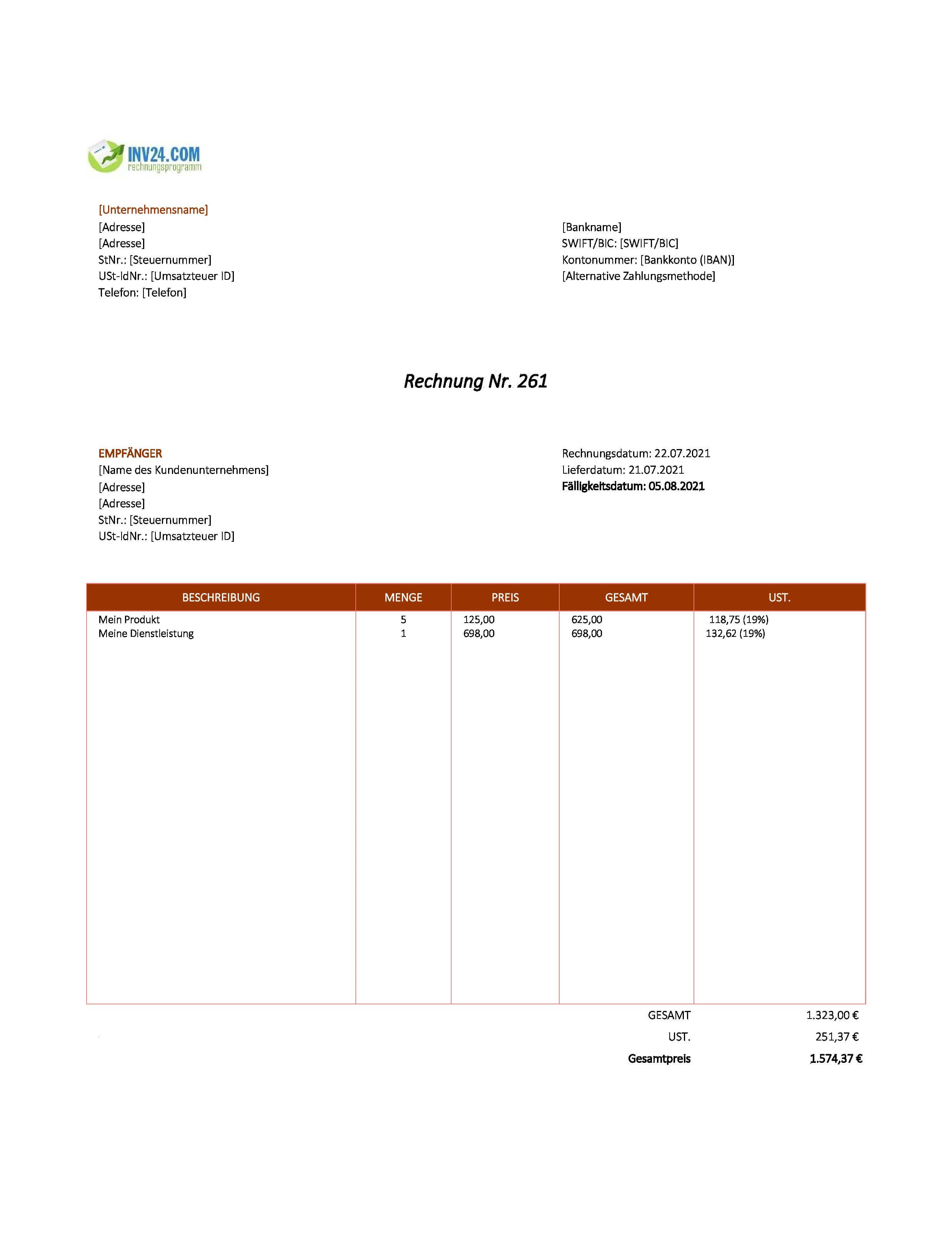 Online Rechnung schreiben Muster (Excel / Google Sheets)