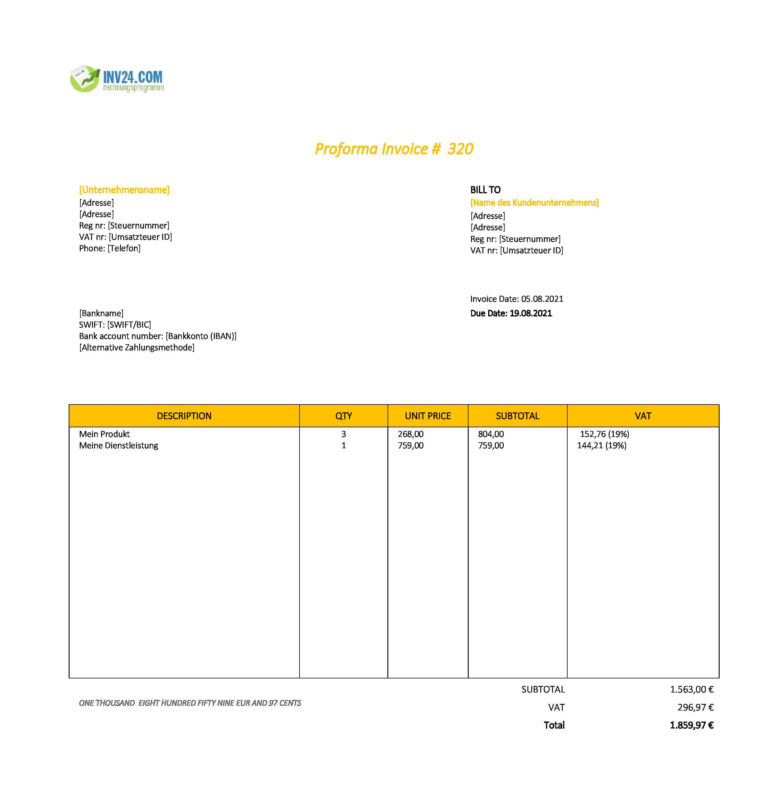 Proforma Rechnung Englisch Vorlage (Excel / Google Sheets)