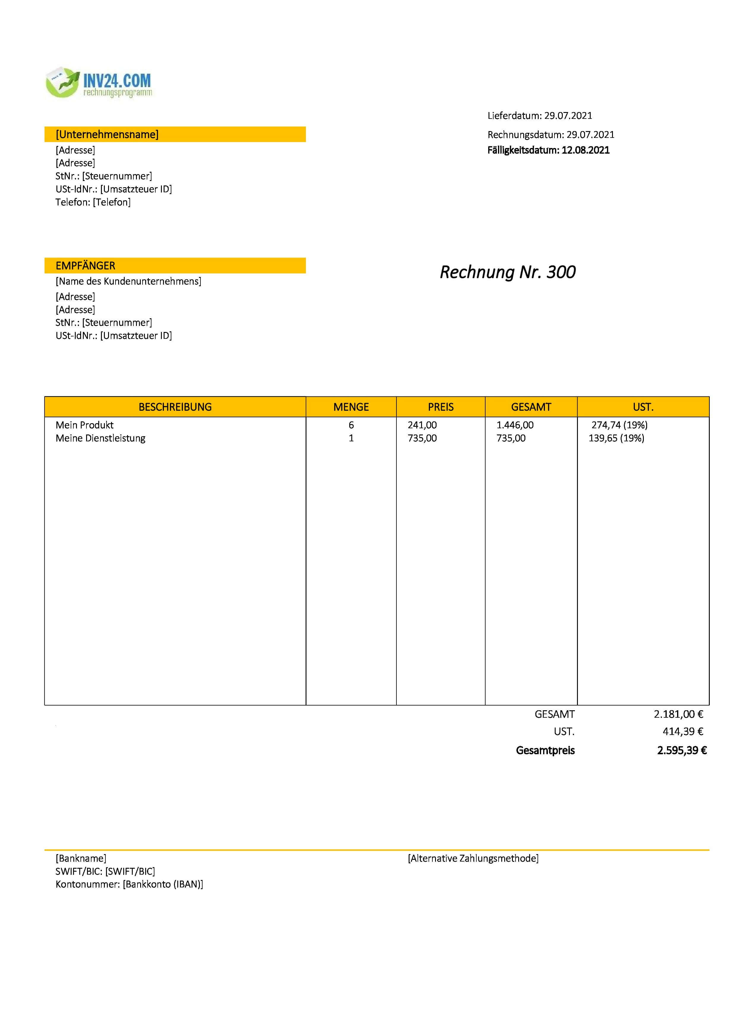 Rechnung Design Vorlage (Excel / Google Sheets)