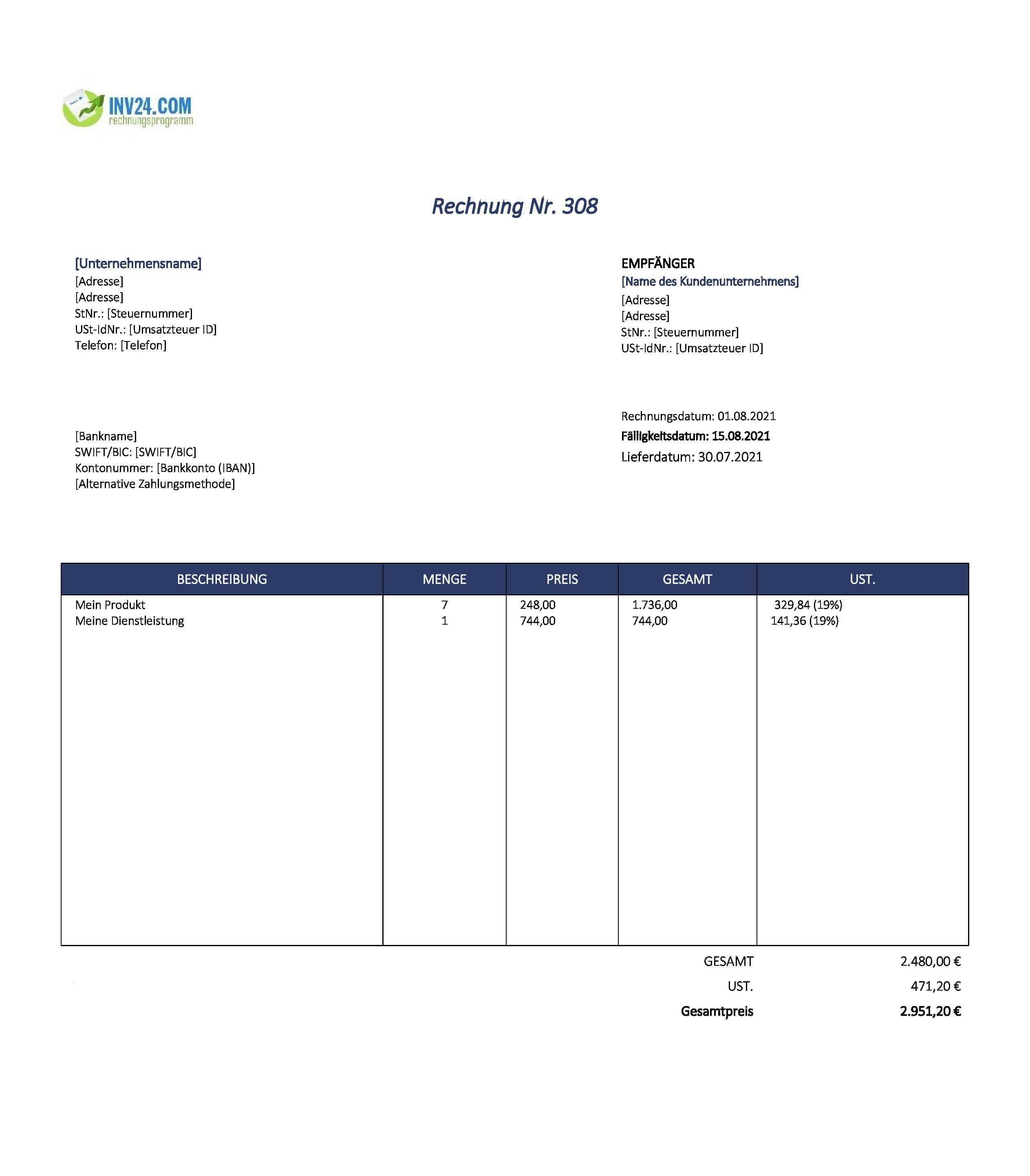 Rechnung Einzelunternehmen Muster (Excel / Google Sheets)