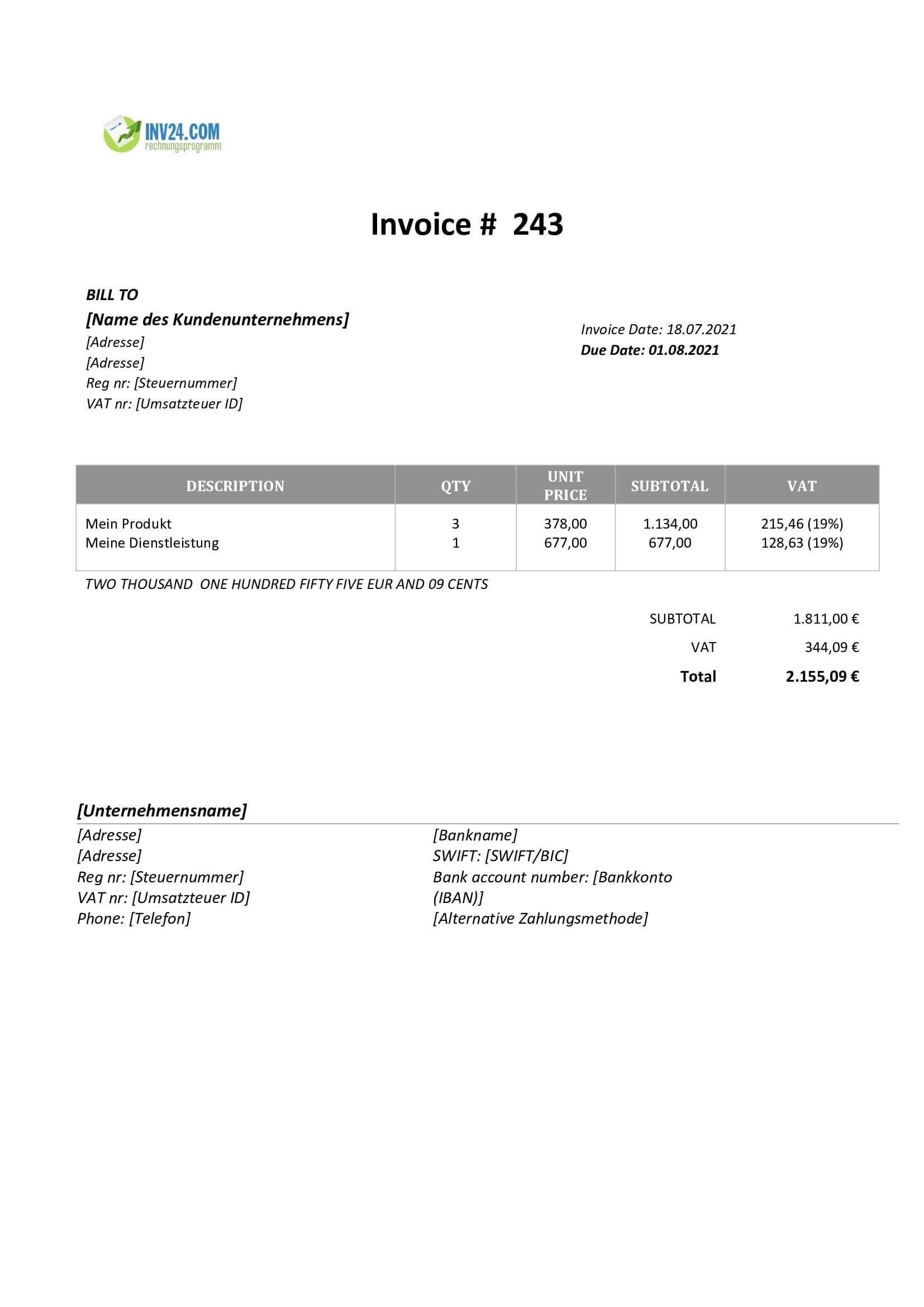 Rechnung Englisch Vorlage (Word / Google Docs)