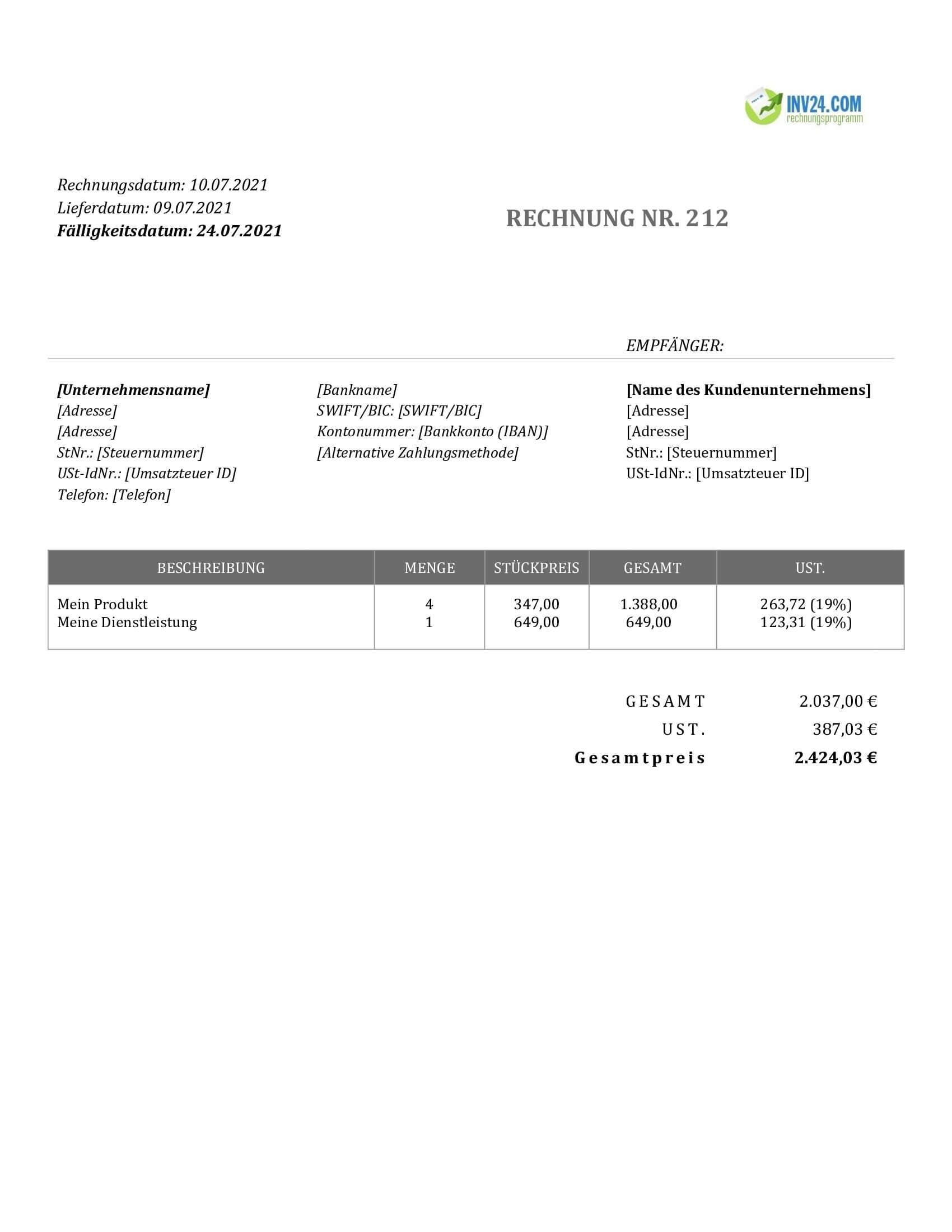 Rechnung erstellen Vorlage (Word / Google Docs)