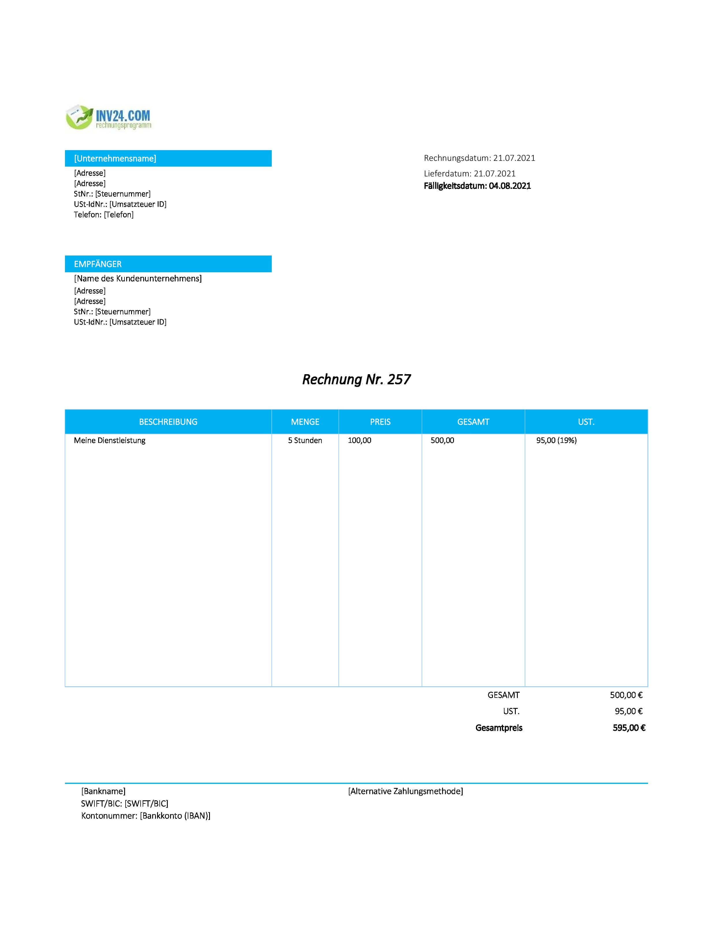 Rechnung Fotograf Vorlage (Excel / Google Sheets)