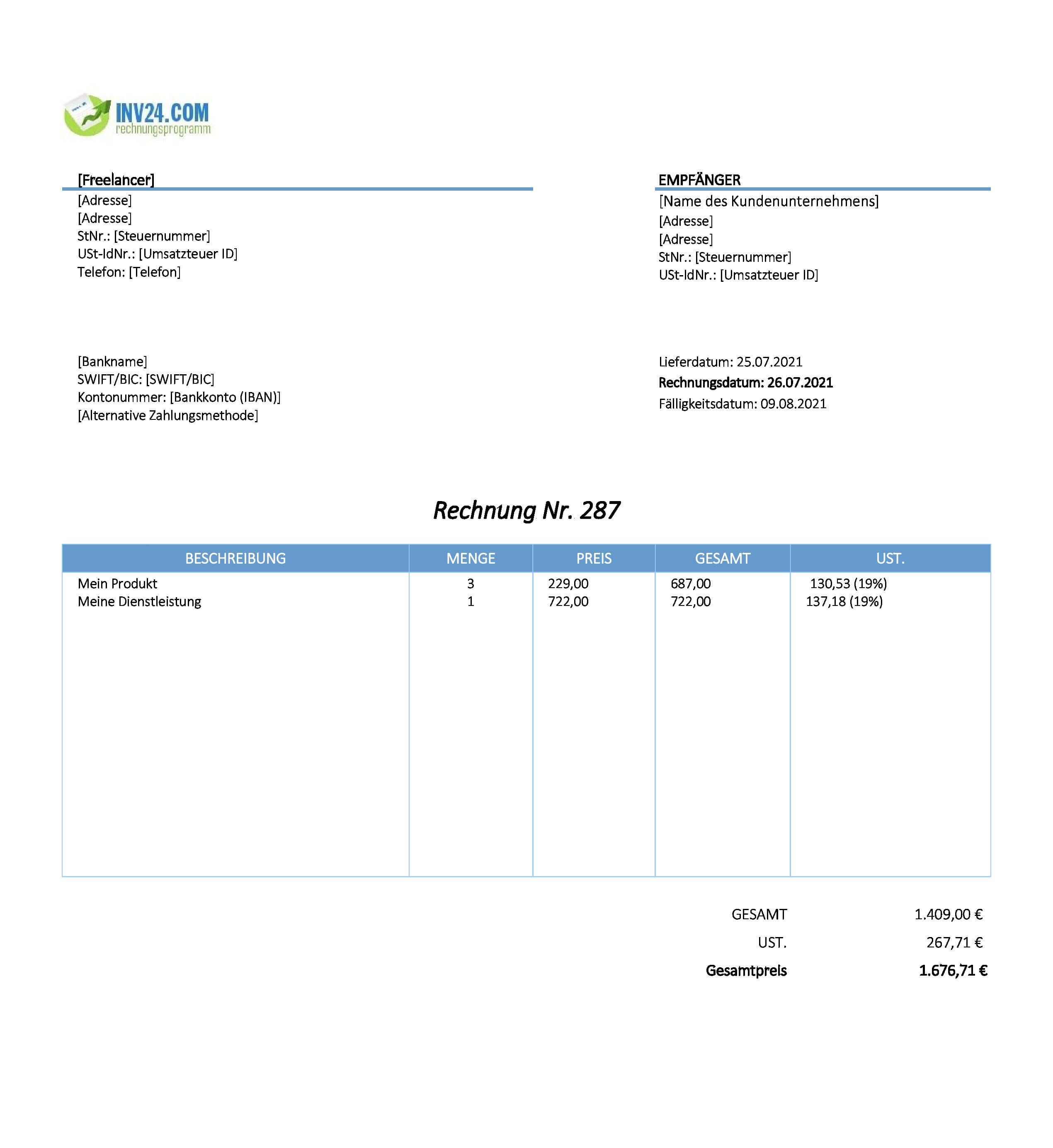 Rechnung Freelancer Vorlage (Excel / Google Sheets)