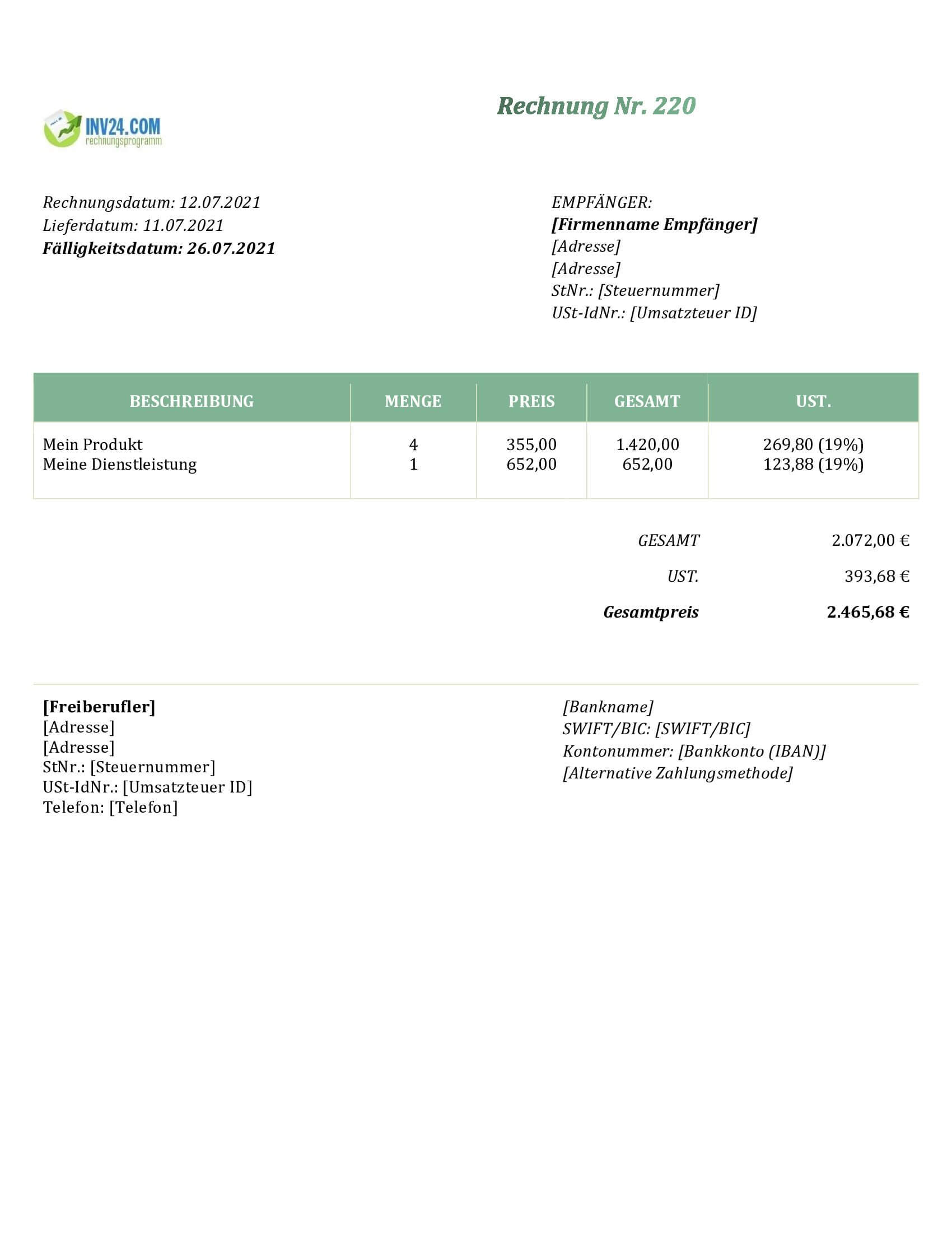 Rechnung Freiberufler Vorlage (Word / Google Docs)