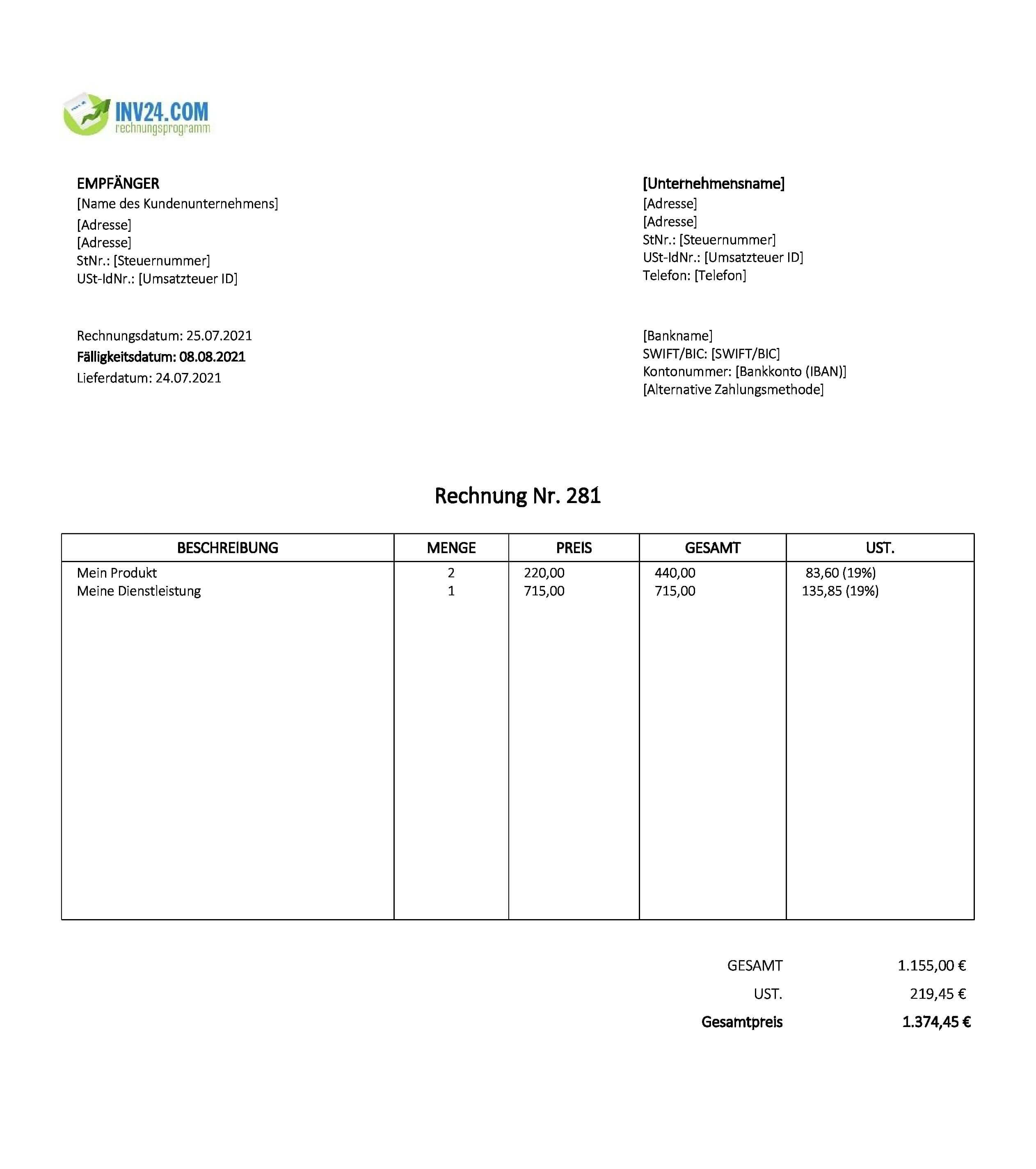 Rechnung Handwerker Muster (Excel / Google Sheets)