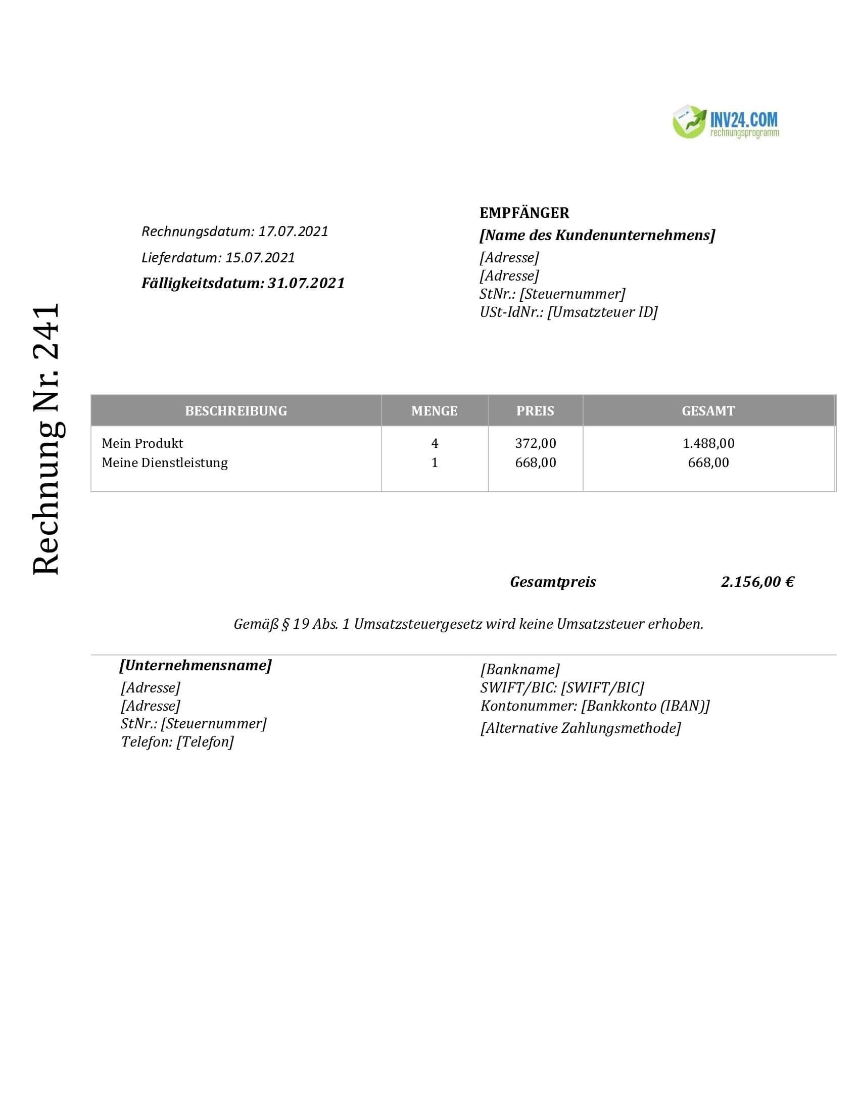 Rechnung ohne Umsatzsteuer Vorlage (Word / Google Docs)