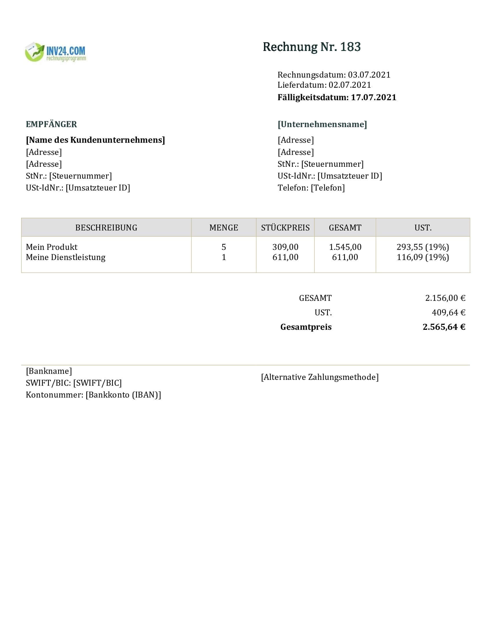 Rechnung schreiben Vorlage (Word / Google Docs)