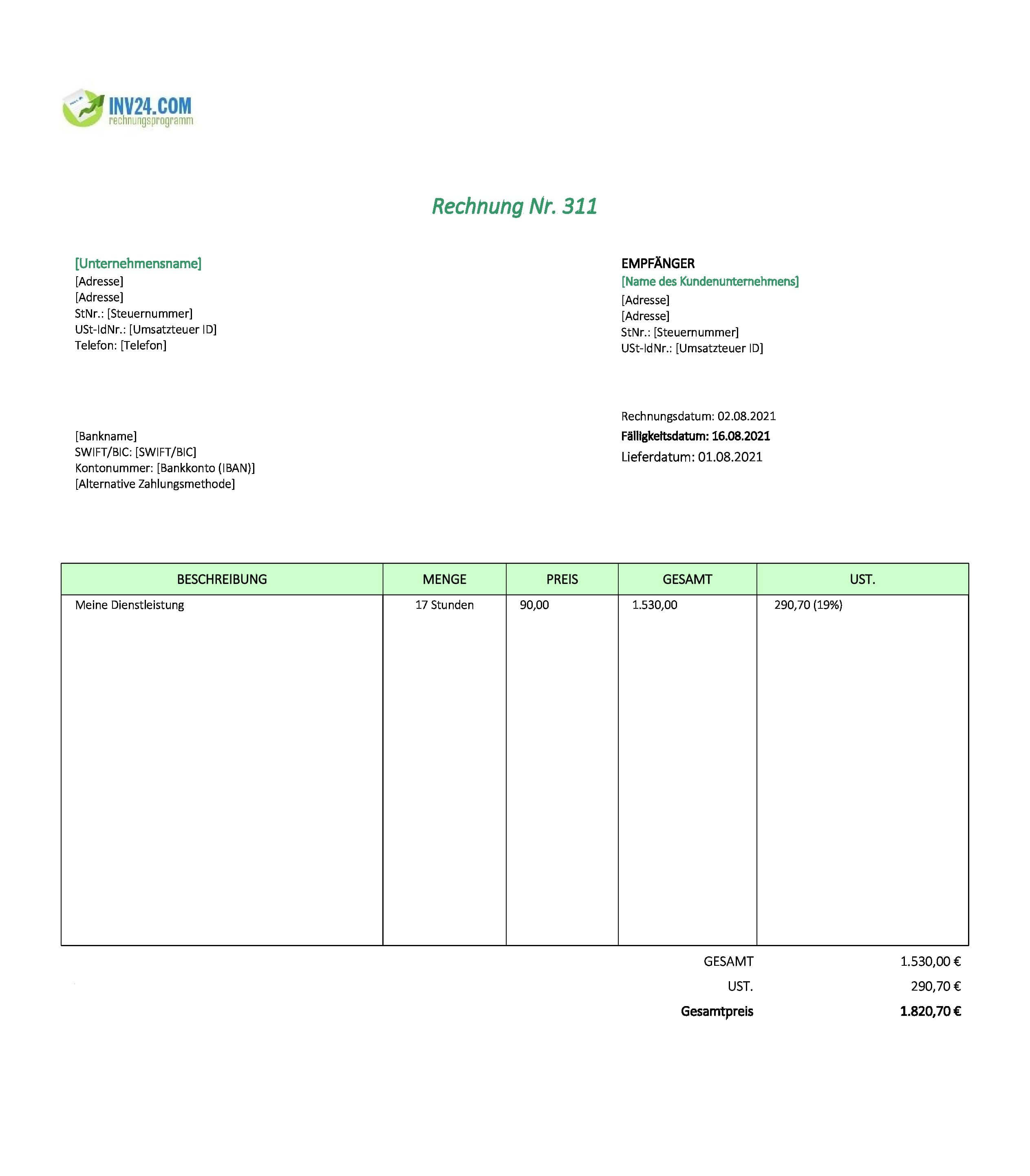 Rechnung Stunden Vorlage (Excel / Google Sheets)