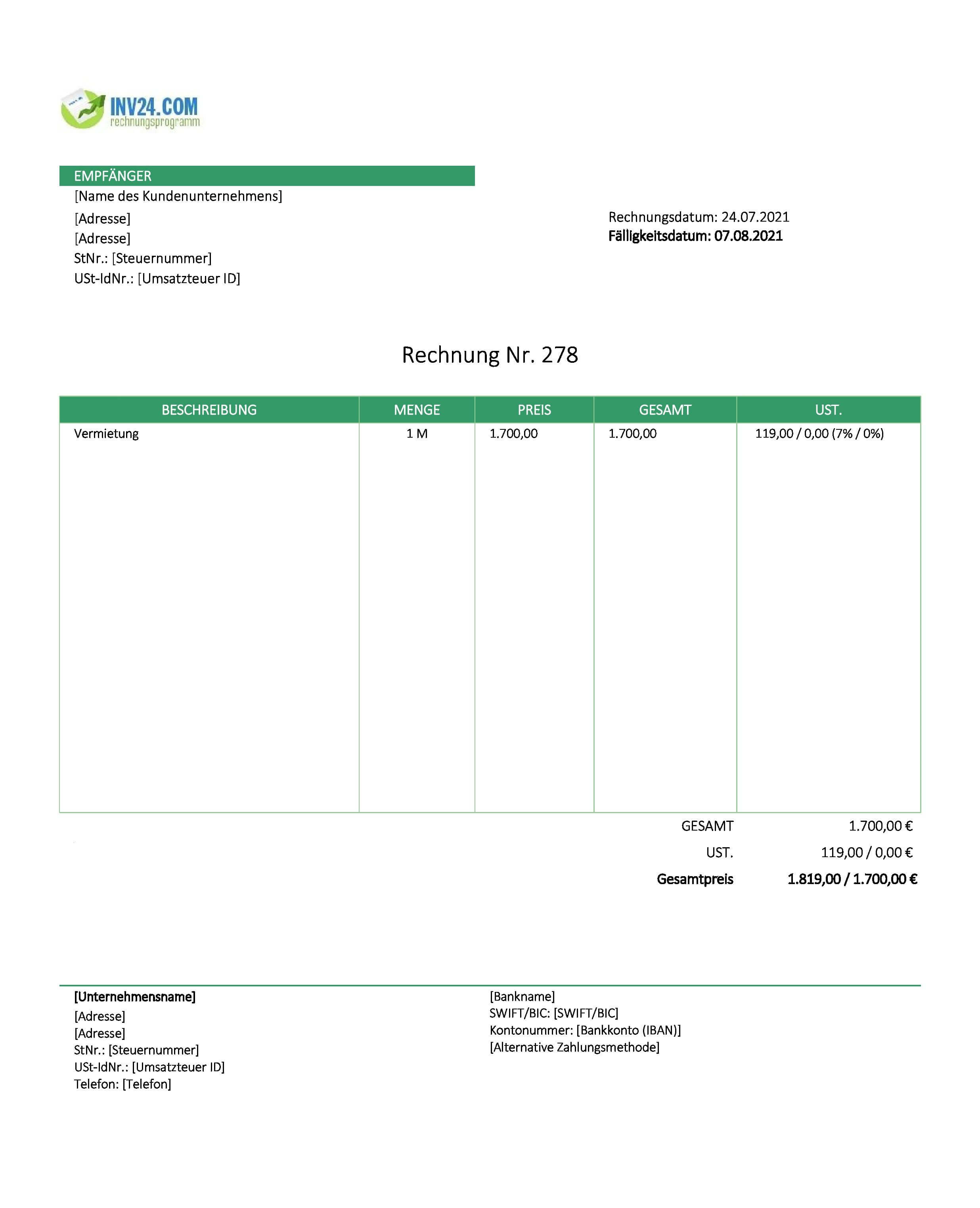 Rechnung Vermietung Vorlage Rechnung Vermietung Vorlage