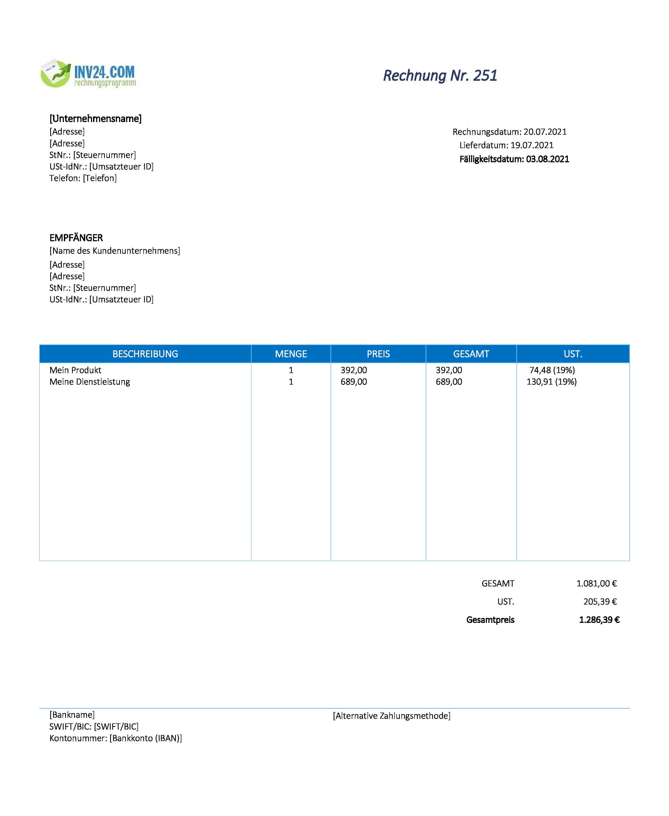 Rechnung Vorlage Xls (Excel / Google Sheets)