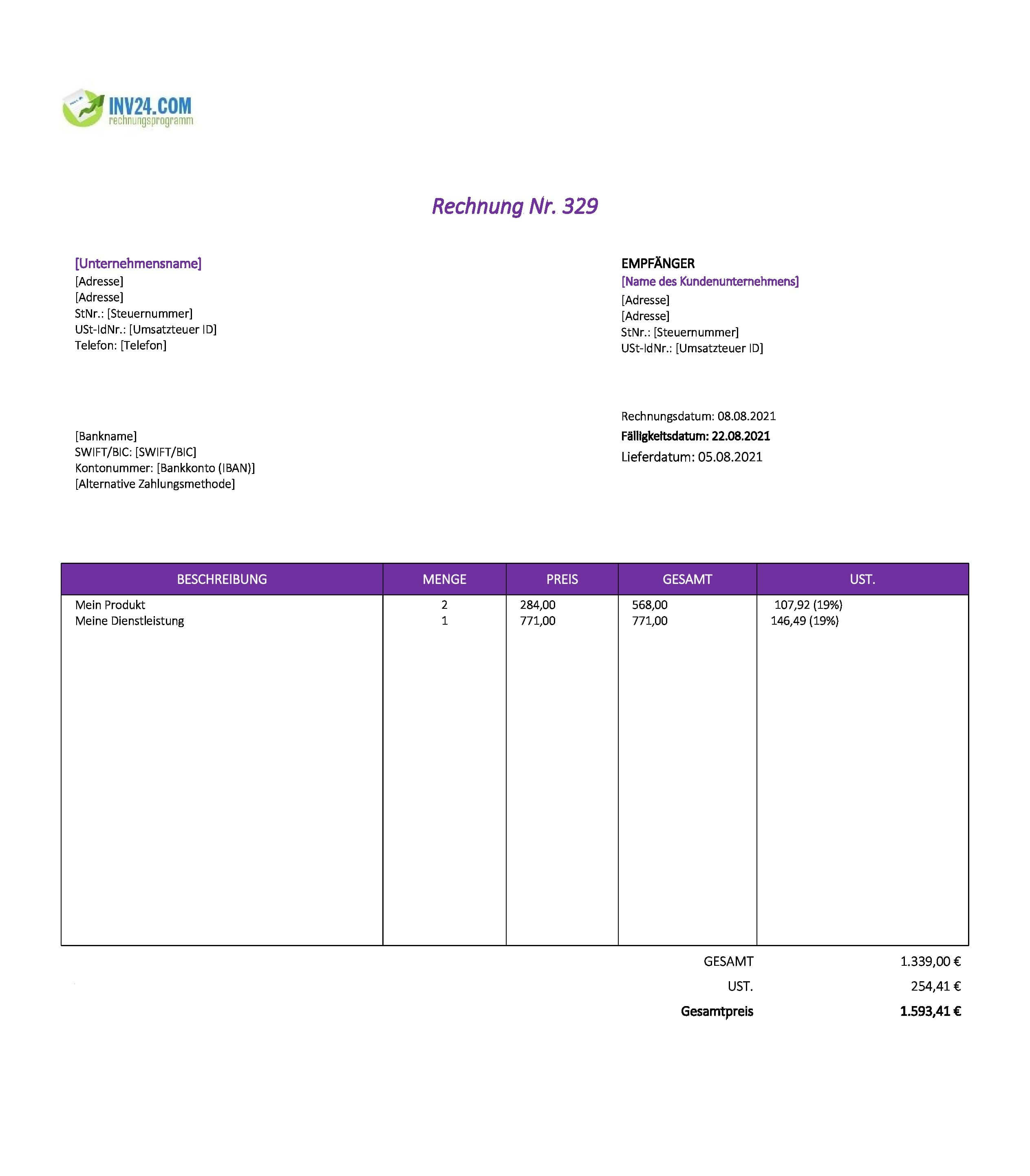 Schöne Rechnungsvorlage (Excel / Google Sheets)