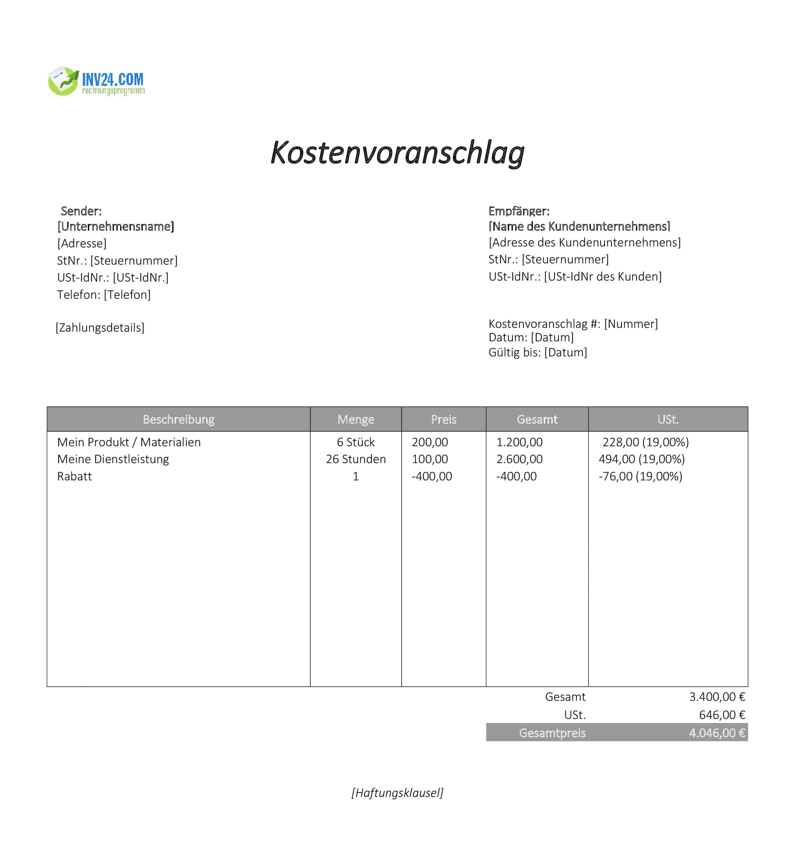 Unverbindlicher Kostenvoranschlag Muster (Excel / Google Sheets)