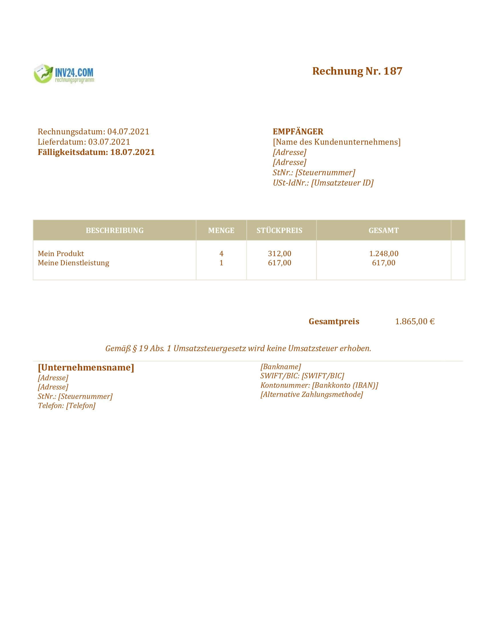 Vorlage Rechnung Kleinunternehmer (Word / Google Docs)