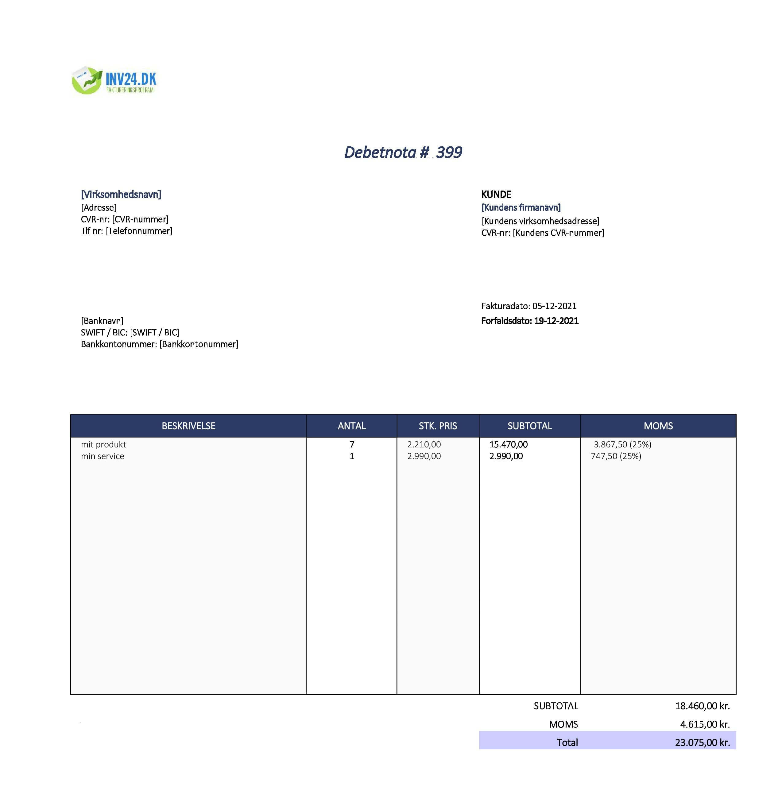 debetnota skabelon (Excel / Google Sheets)