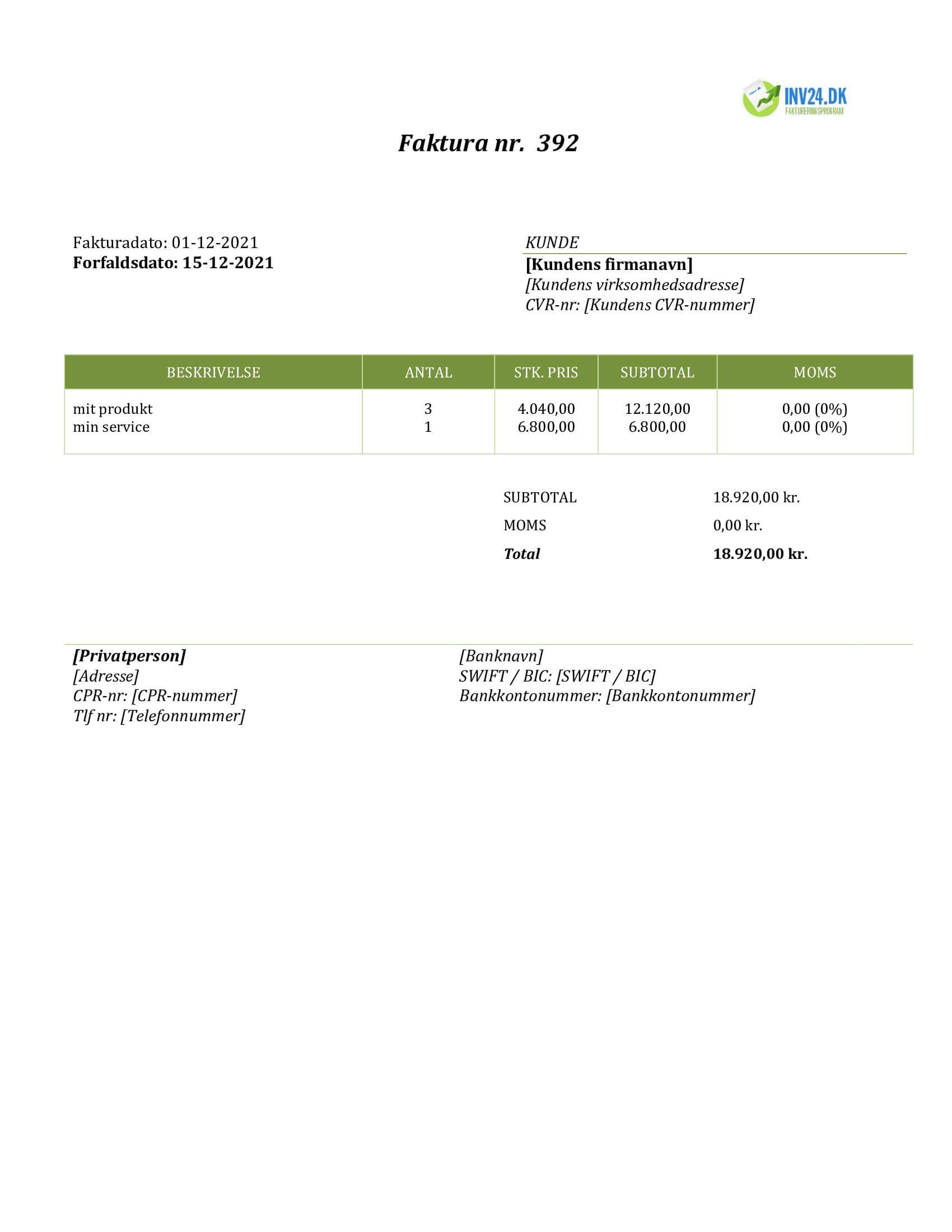faktura fra privatperson til firma eksempel (Word / Google Docs)