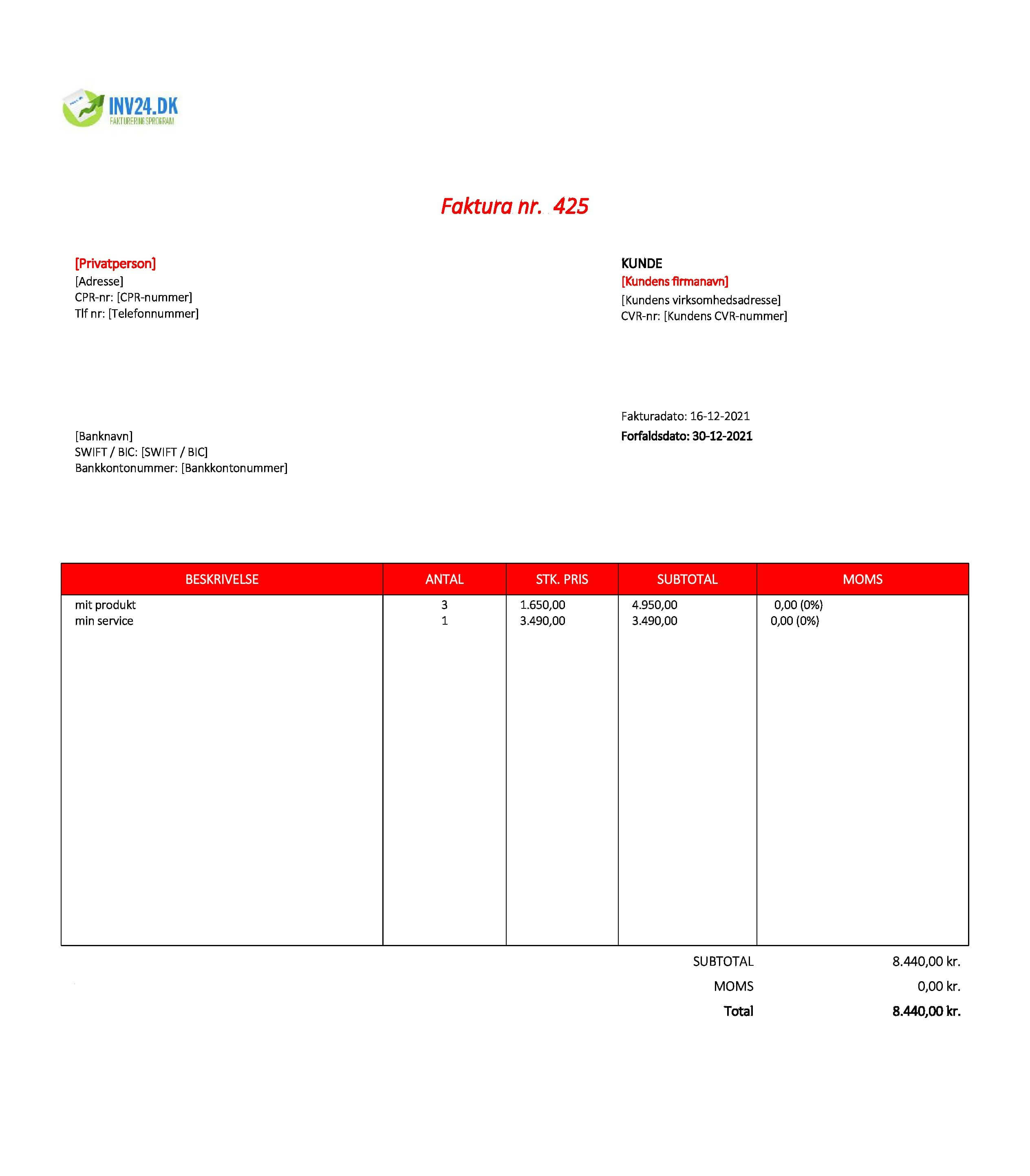 faktura privat til virksomhed (Excel / Google Sheets)