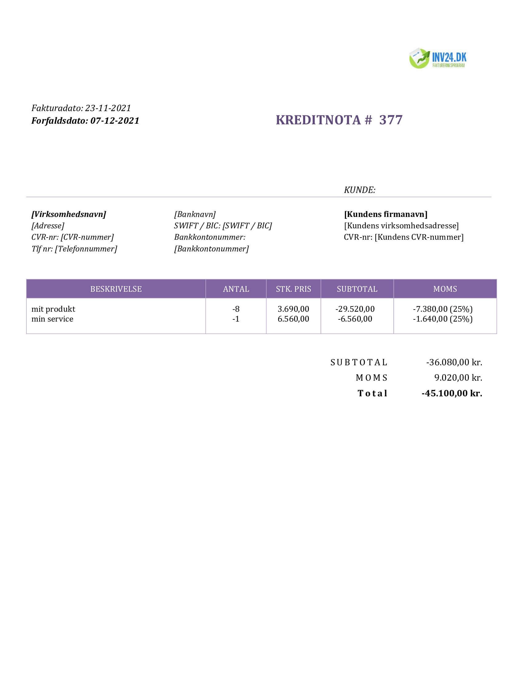 kreditnota eksempel Danmark (Word / Google Docs) kreditnota eksempel Danmark (Word / Google Docs)