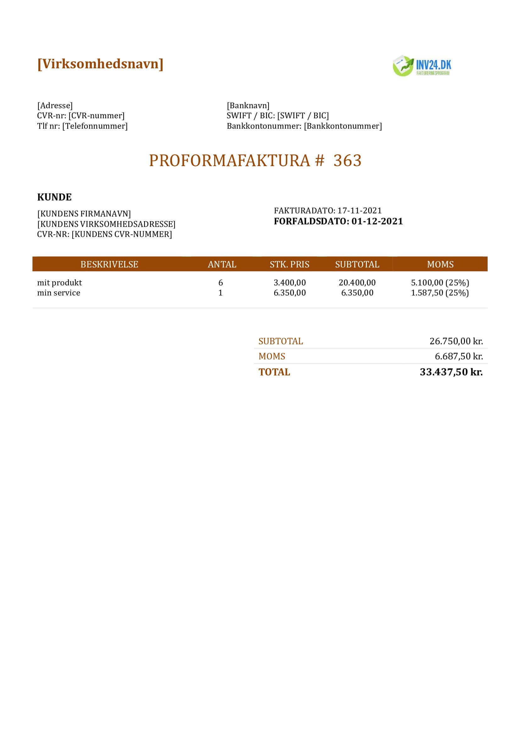 proforma faktura skabelon