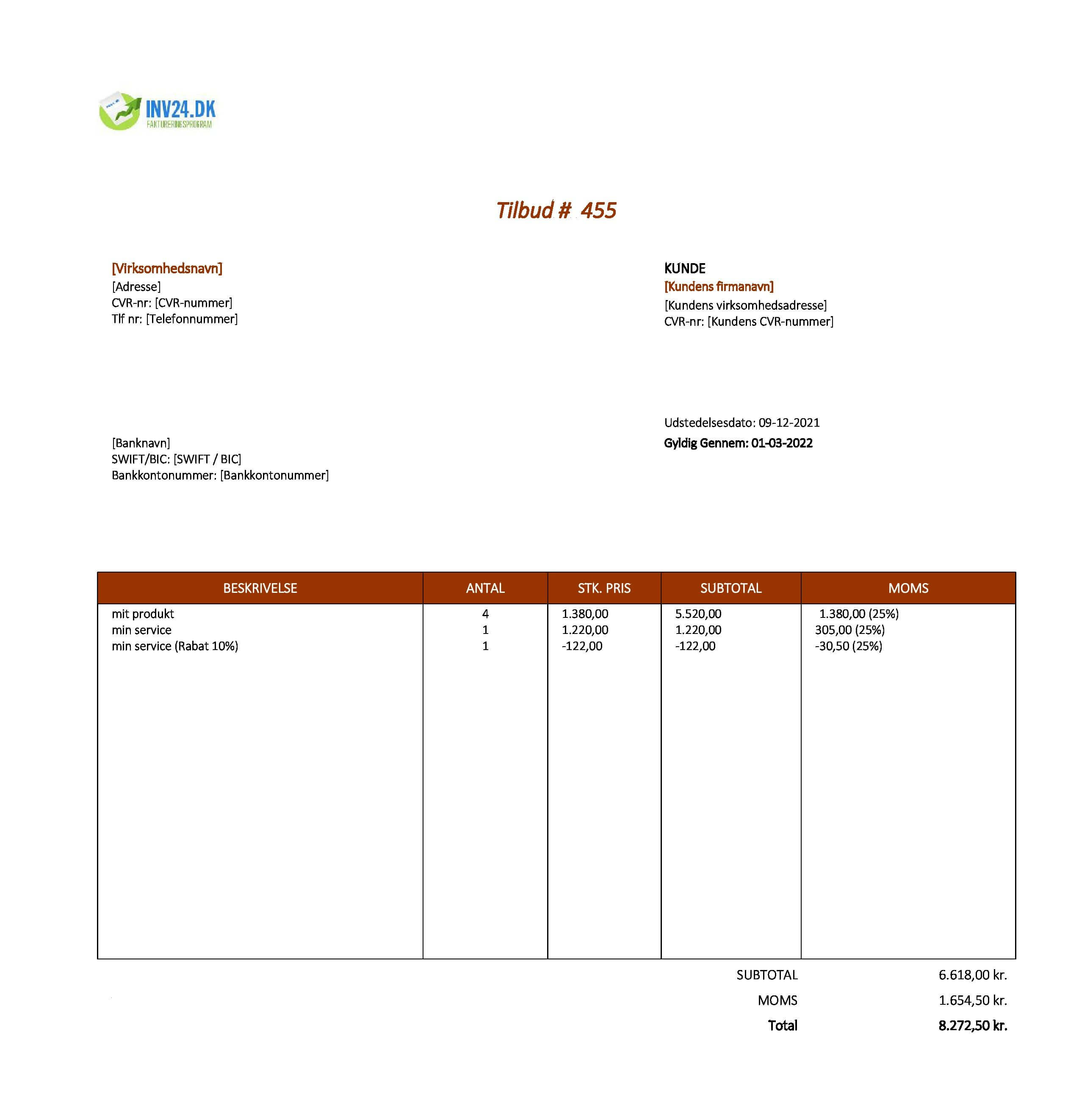 skabelon til udarbejdelse af tilbud (Excel / Google Sheets)