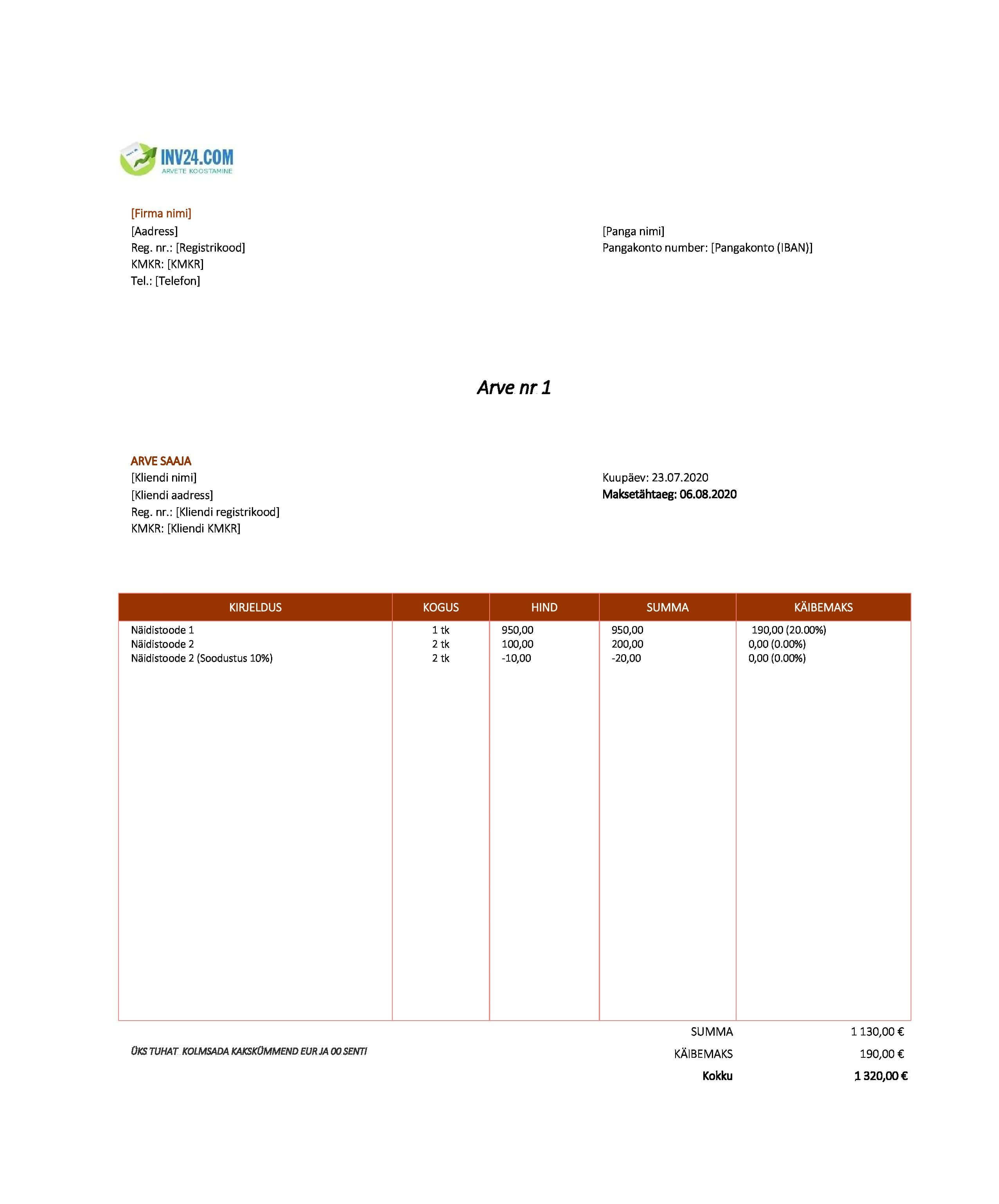 Arve näidis Excel (Excel / Google Sheets)