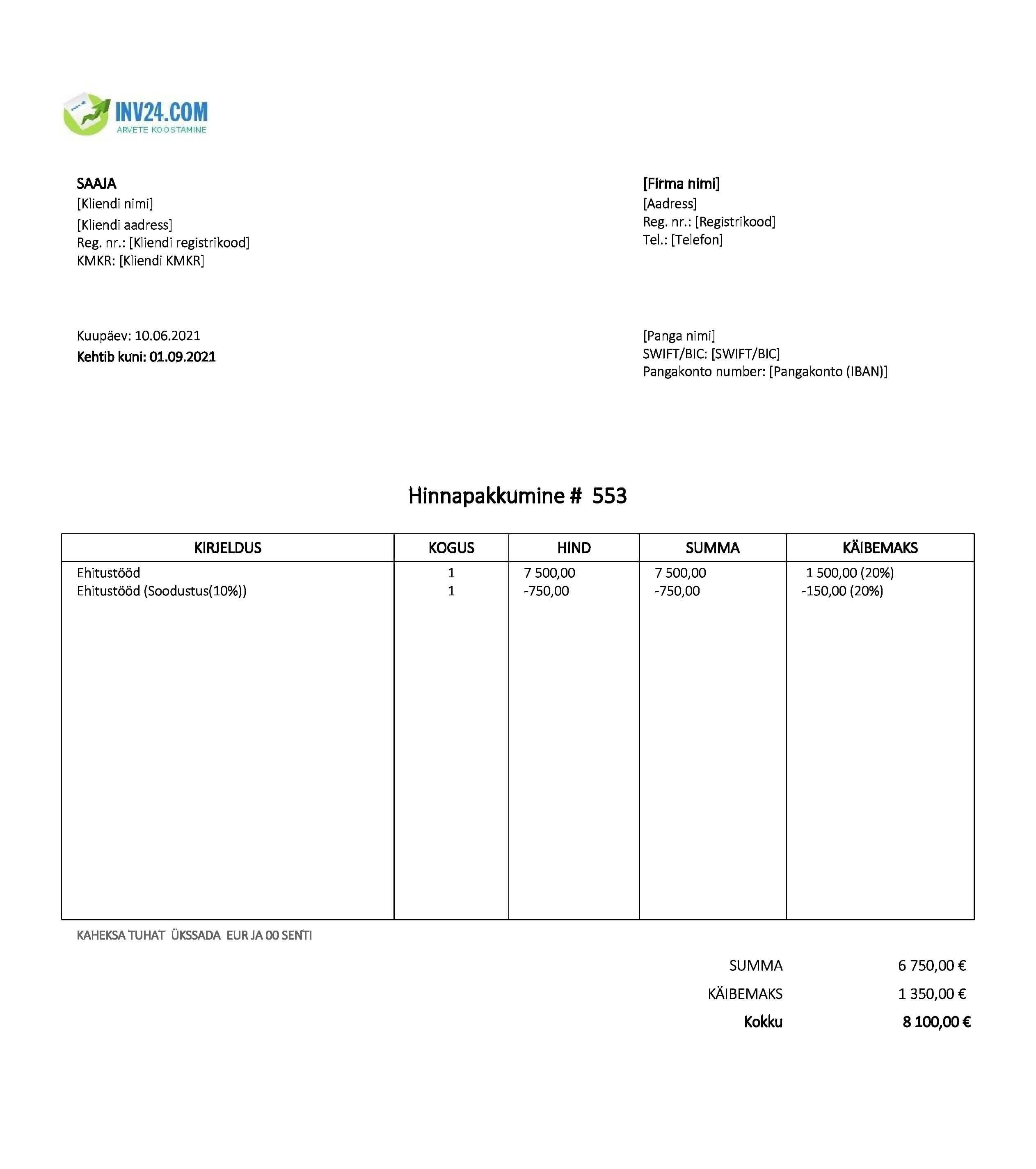 ehitustööde hinnapakkumine näidis (Excel / Google Sheets)