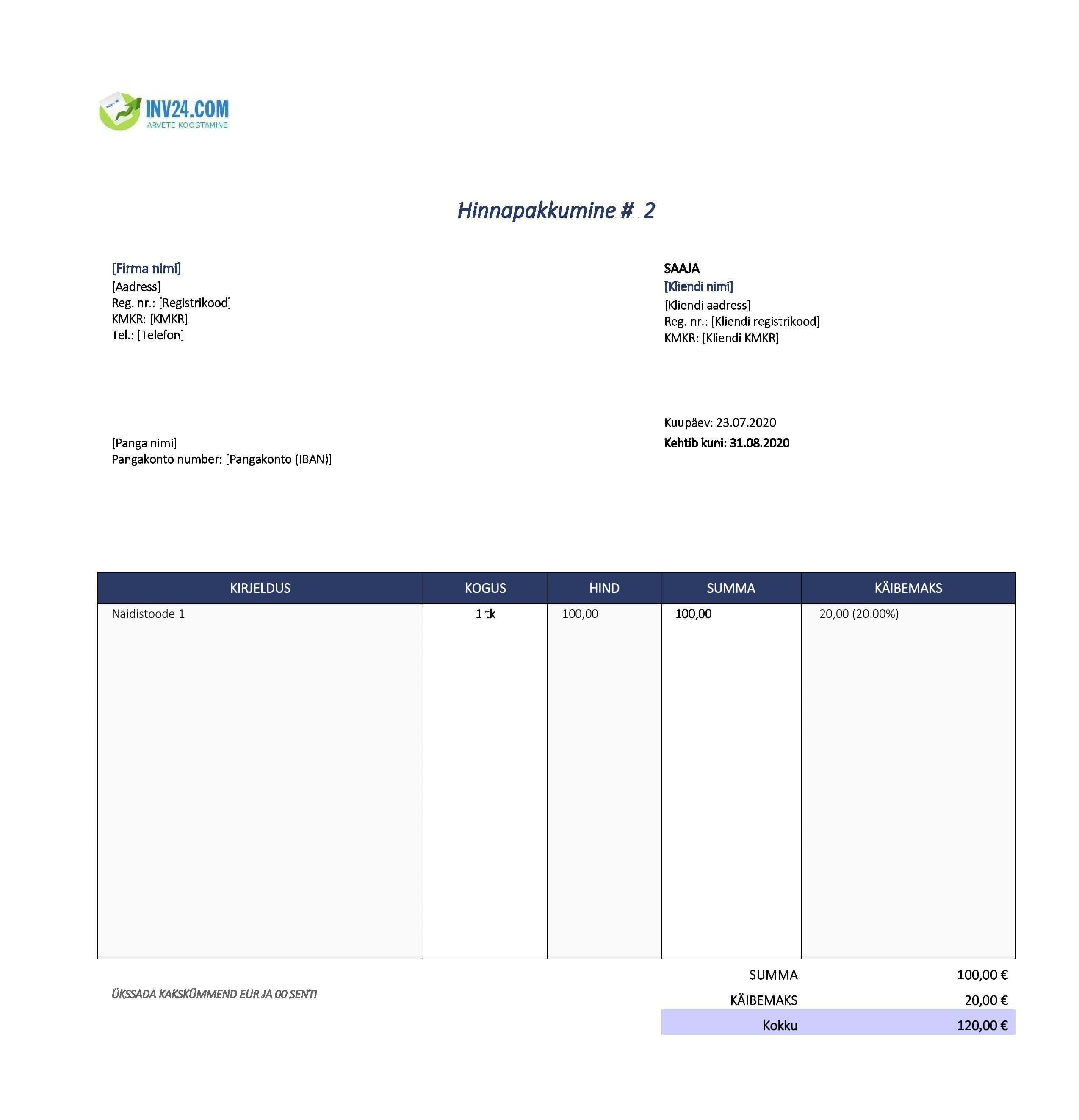 Hinnapakkumise näidis Excel (Excel / Google Sheets) Hinnapakkumise näidis Excel (Excel / Google Sheets)