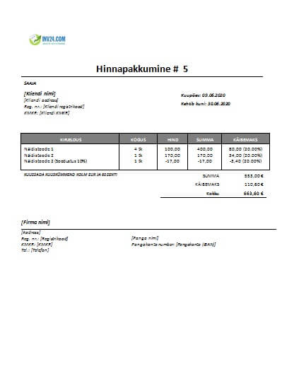 hinnapakkumise näidis word hinnapakkumise näidis word