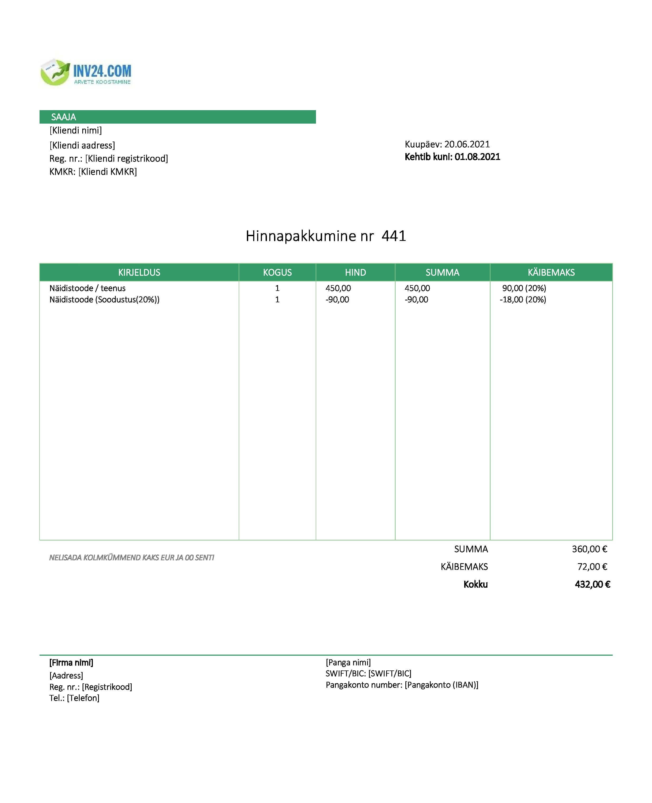 korrektne hinnapakkumine näidis (Excel / Google Sheets)