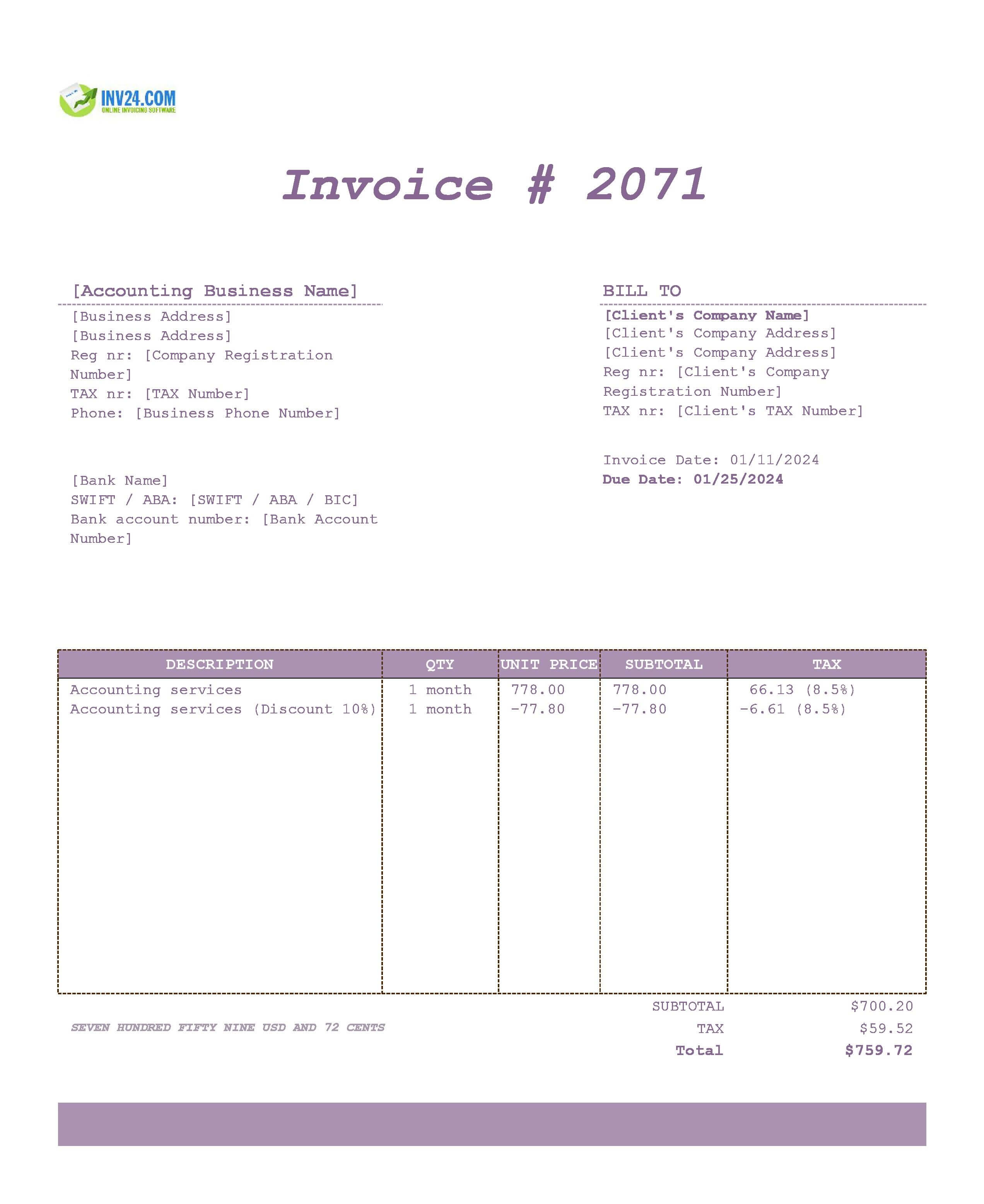 Accounting Invoice Template (Excel / Google Sheets)