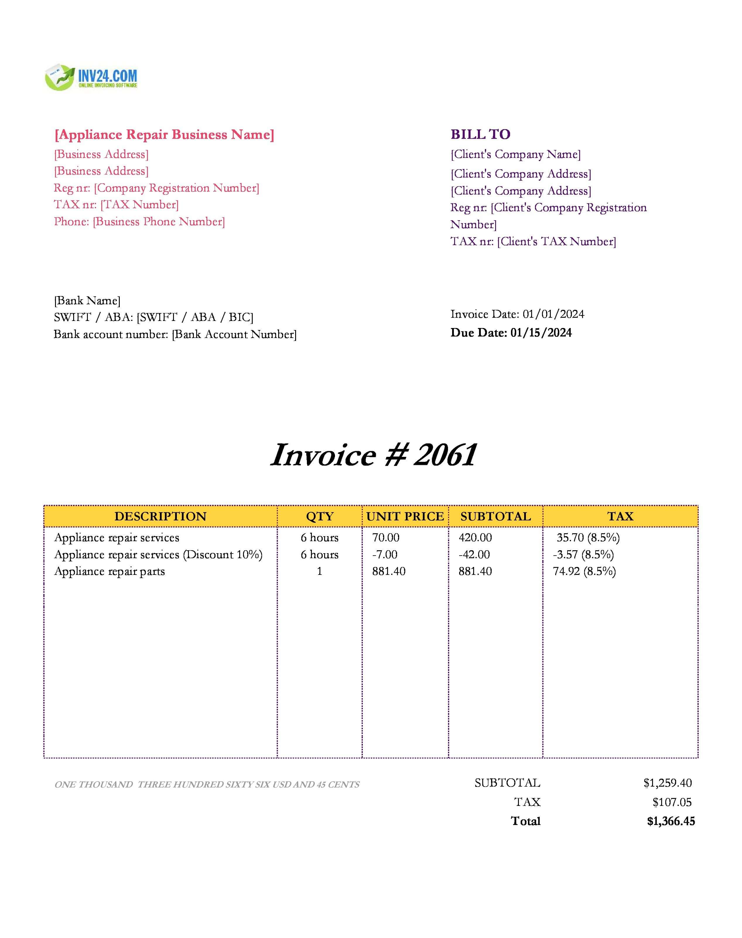 Appliance repair invoice template